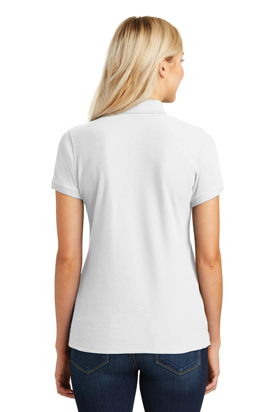 A white women's polo shirt with a classic pique design, featuring a logo on the back.