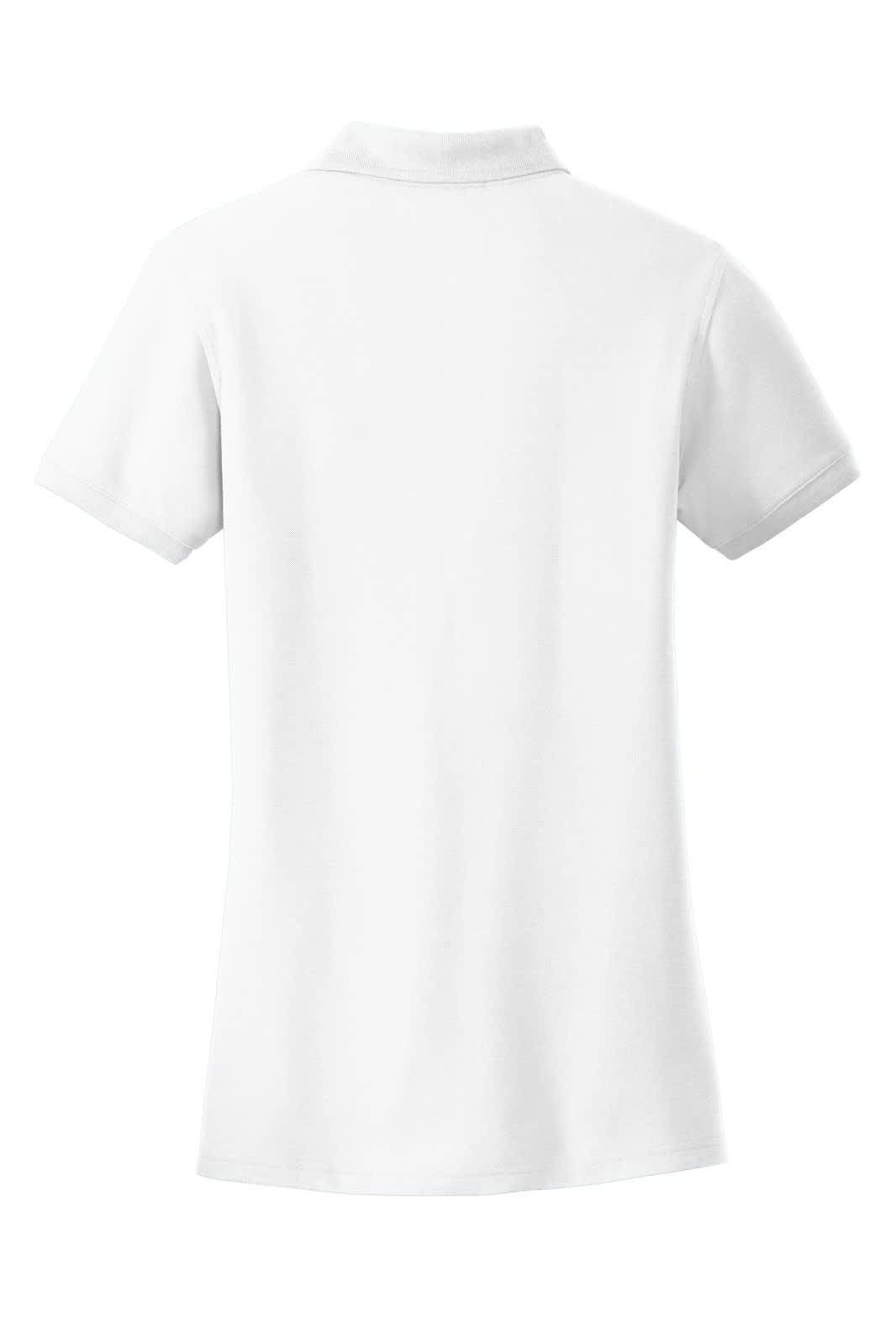 A white ladies' polo shirt with a classic pique texture and a collar, featuring a logo on the back.