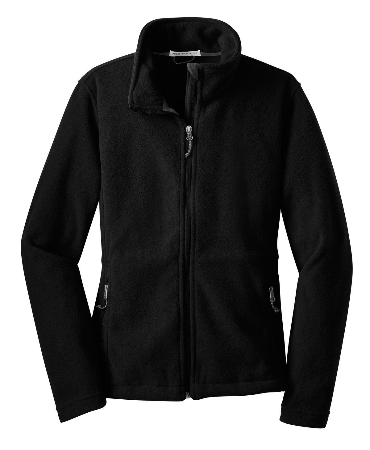A black fleece jacket featuring a zippered front and two zippered pockets, with a logo on the chest area.