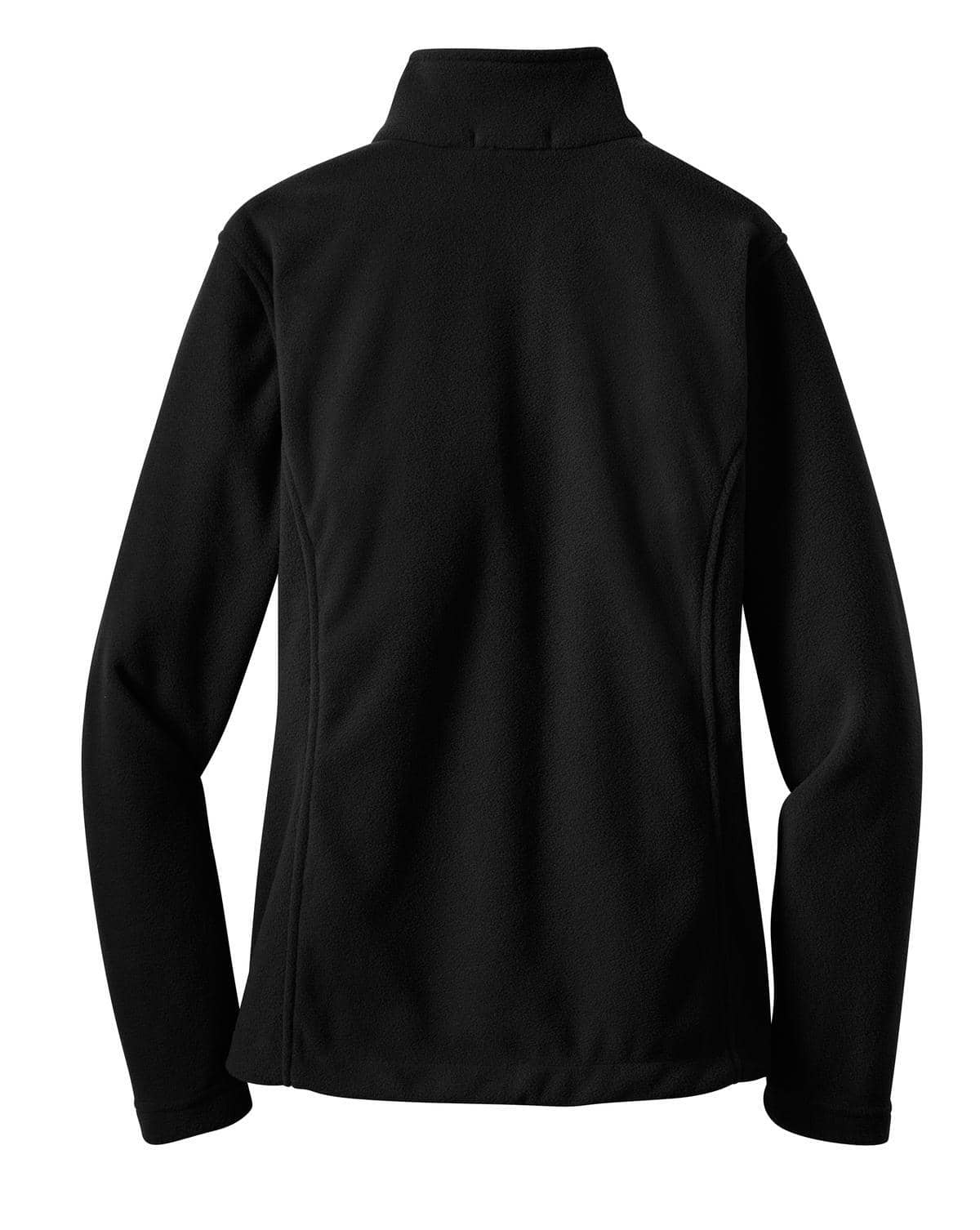 A black fleece jacket with a high collar, featuring a logo on the back.