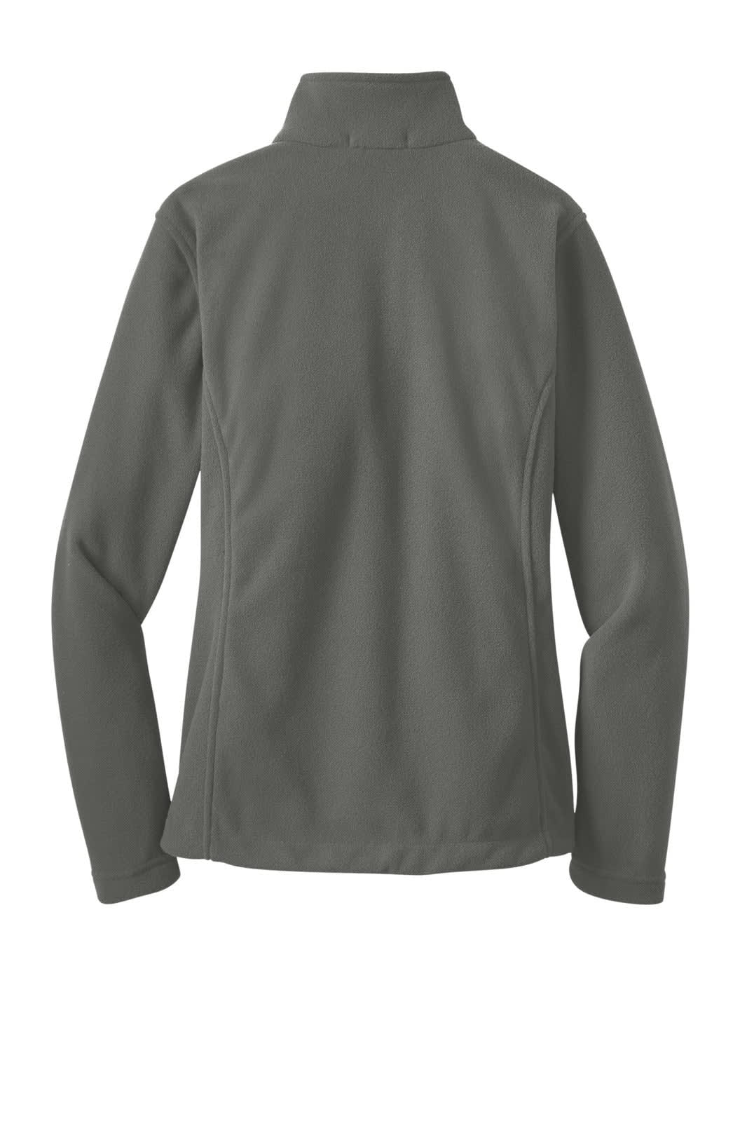 A grey fleece jacket with a high collar, featuring a logo on the back.