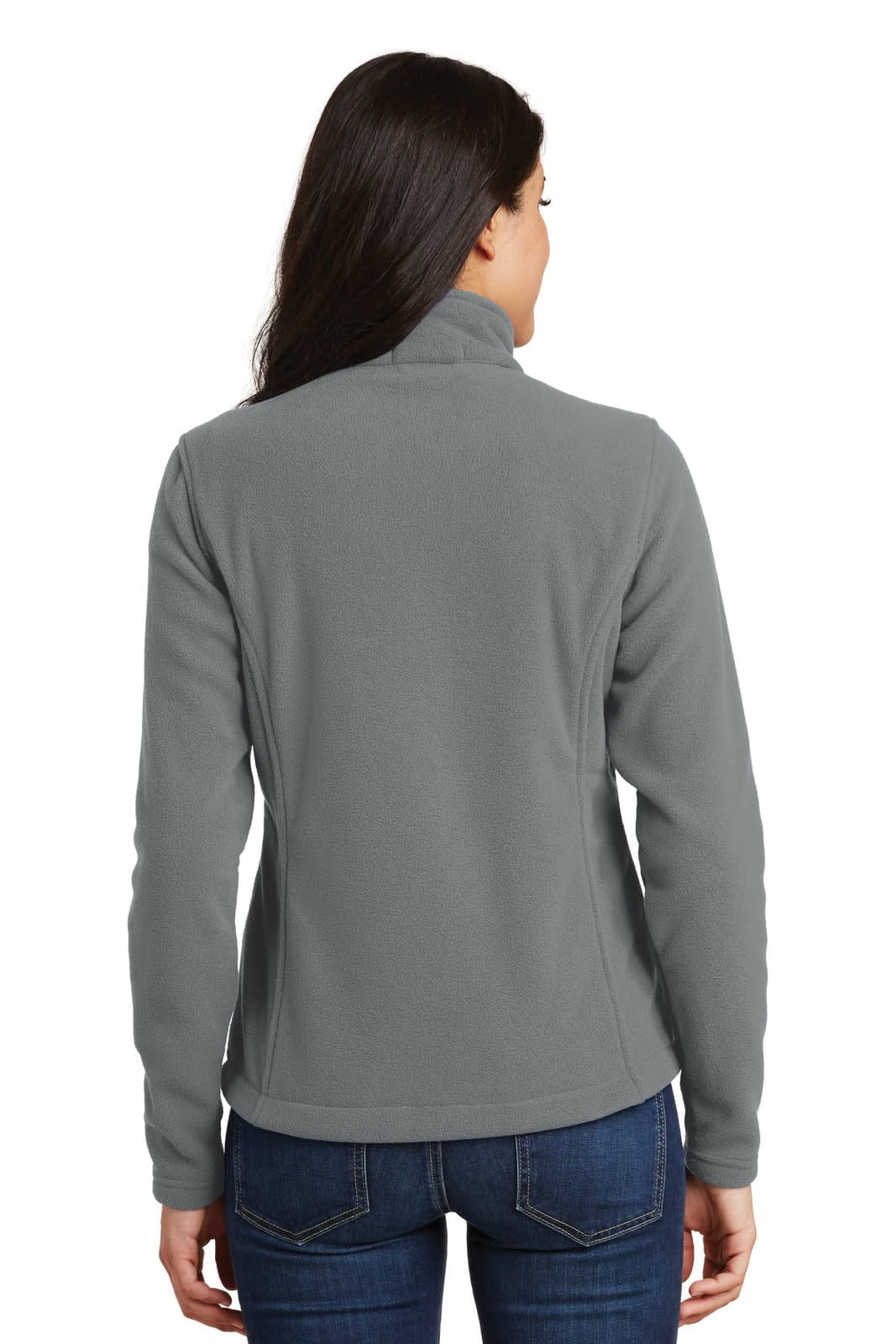 A grey fleece jacket with a high collar, featuring a back view and a fitted design. It has a logo on the exterior.