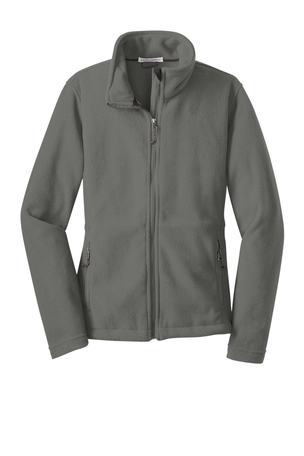 A grey fleece jacket with a zip front and side pockets, featuring a collar. It has a logo on the chest.