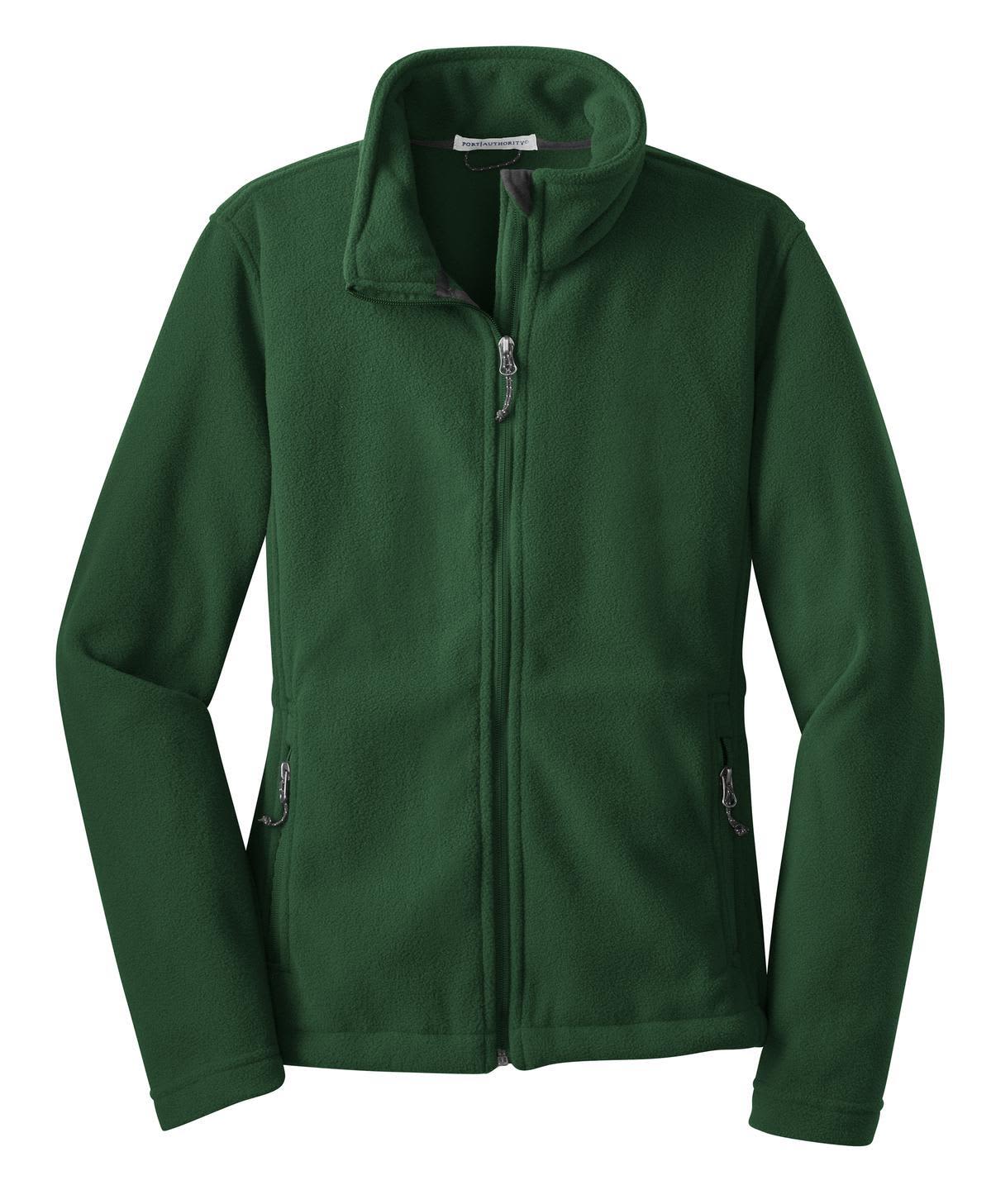 A green fleece jacket with a full zip and two side pockets, featuring a collar and a logo on the chest.