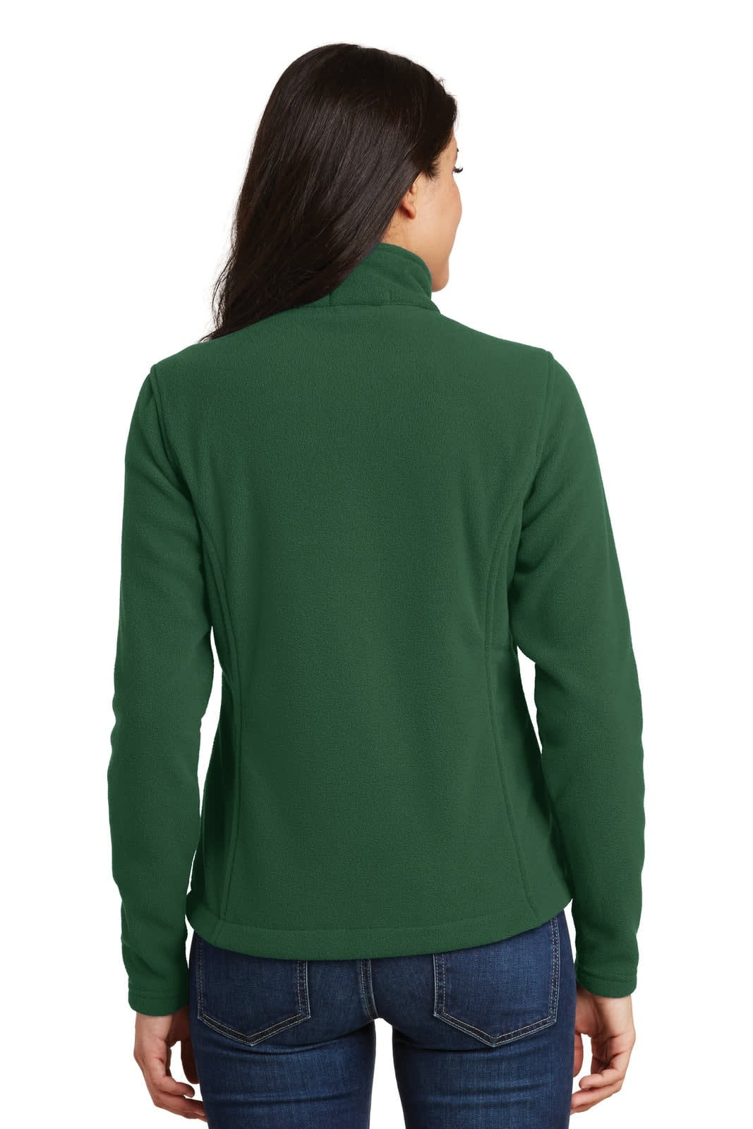 A green fleece jacket featuring a high collar and a fitted shape, seen from the back. It has a logo on the sleeve.