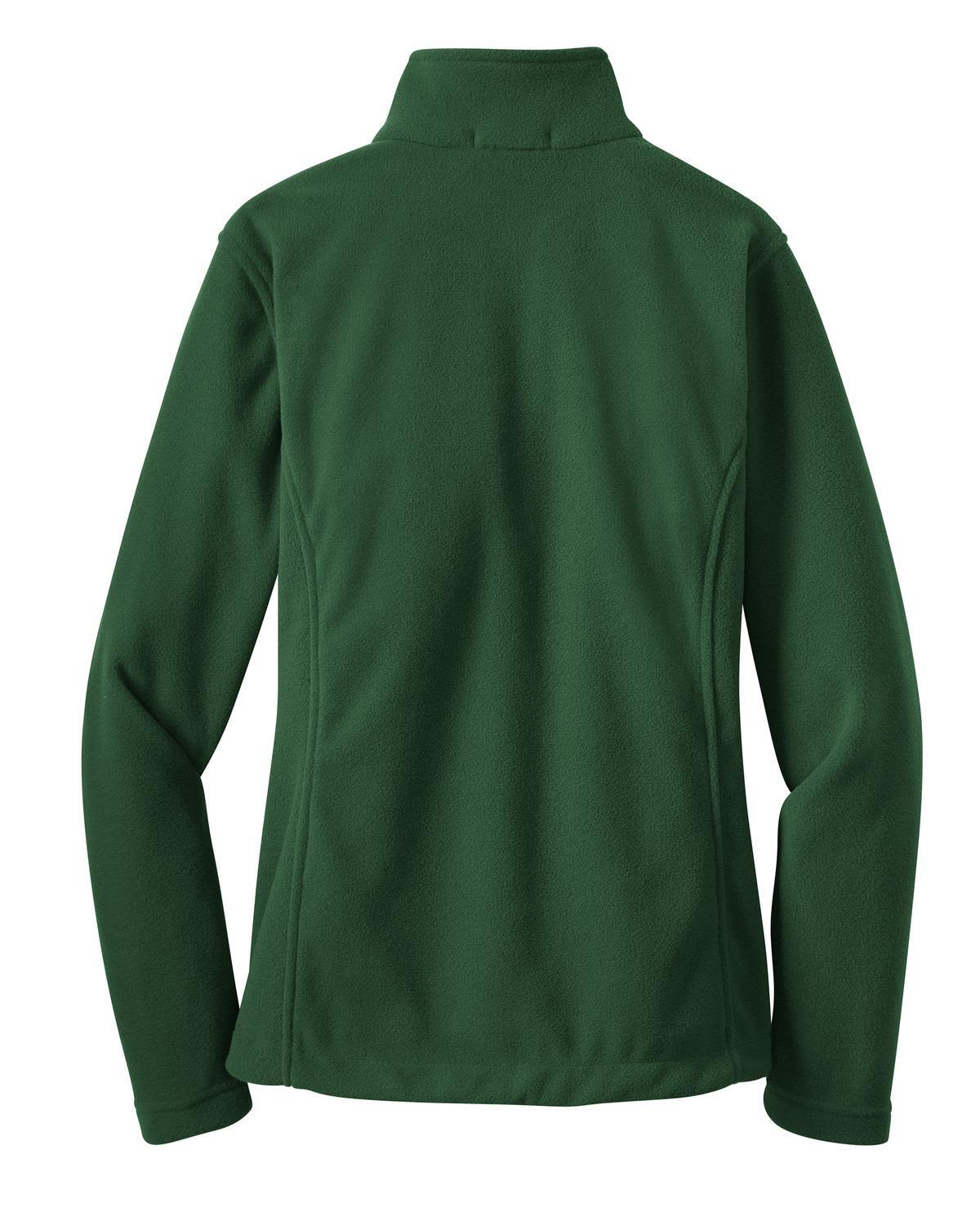 A green fleece jacket with a high collar and long sleeves, featuring a logo on the back side.