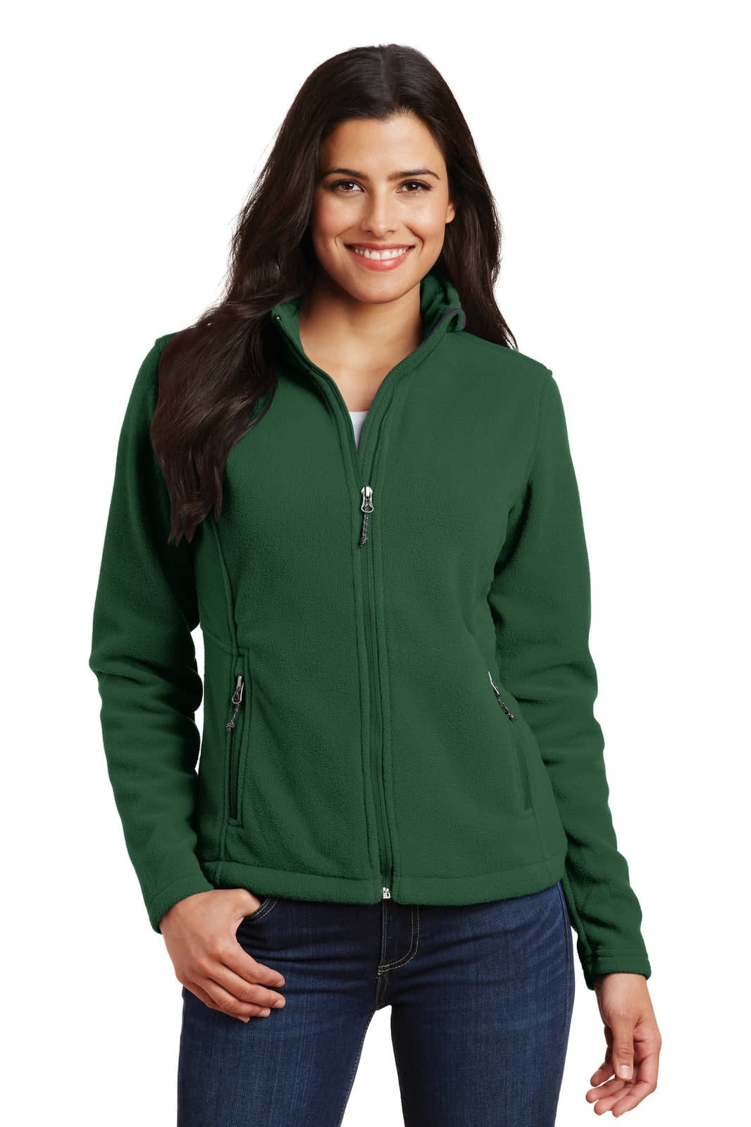 A woman models a green fleece jacket with a zip front and two side pockets, featuring a branding logo.