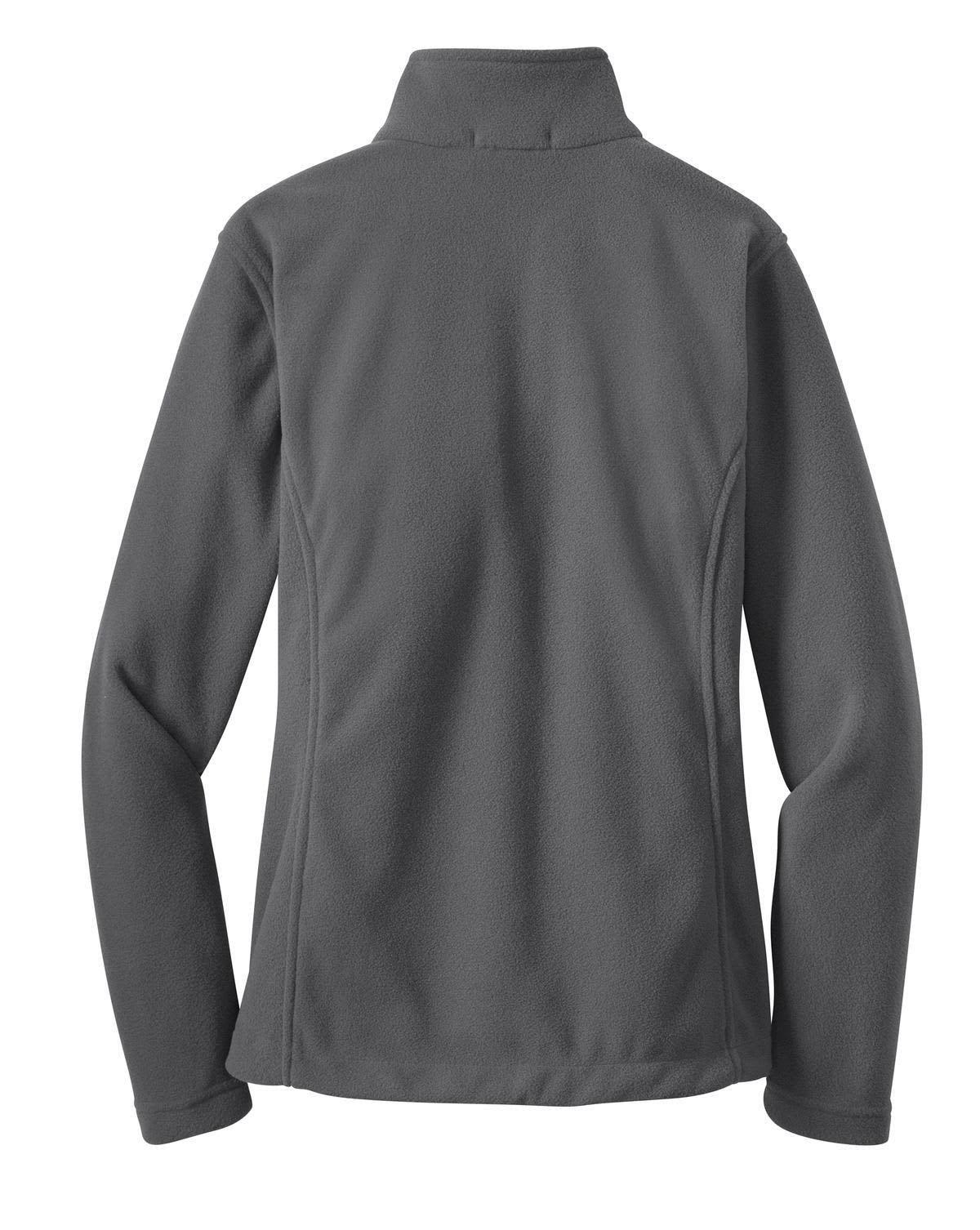 A grey fleece jacket with a high collar and long sleeves, featuring a logo on the back.