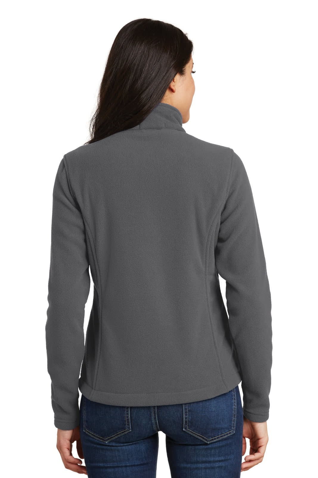 A grey fleece jacket for women, featuring a high collar and fitted silhouette, with a logo on the back.
