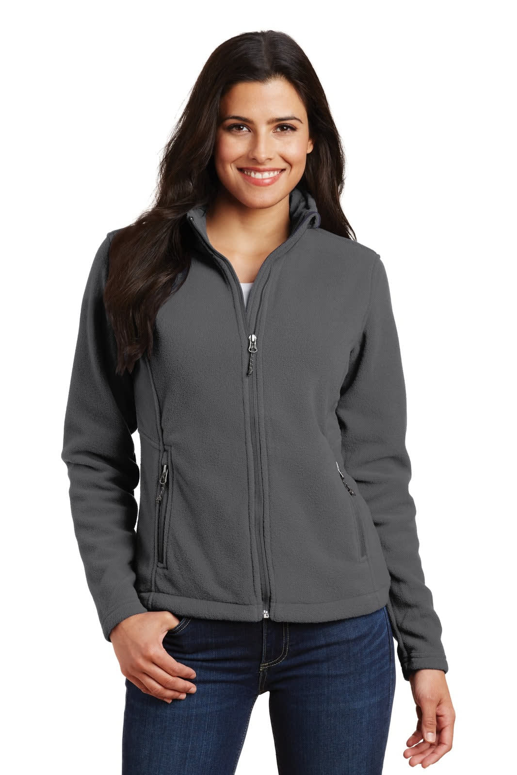 A grey fleece jacket for ladies featuring a zip front and side pockets, with a logo on the chest.