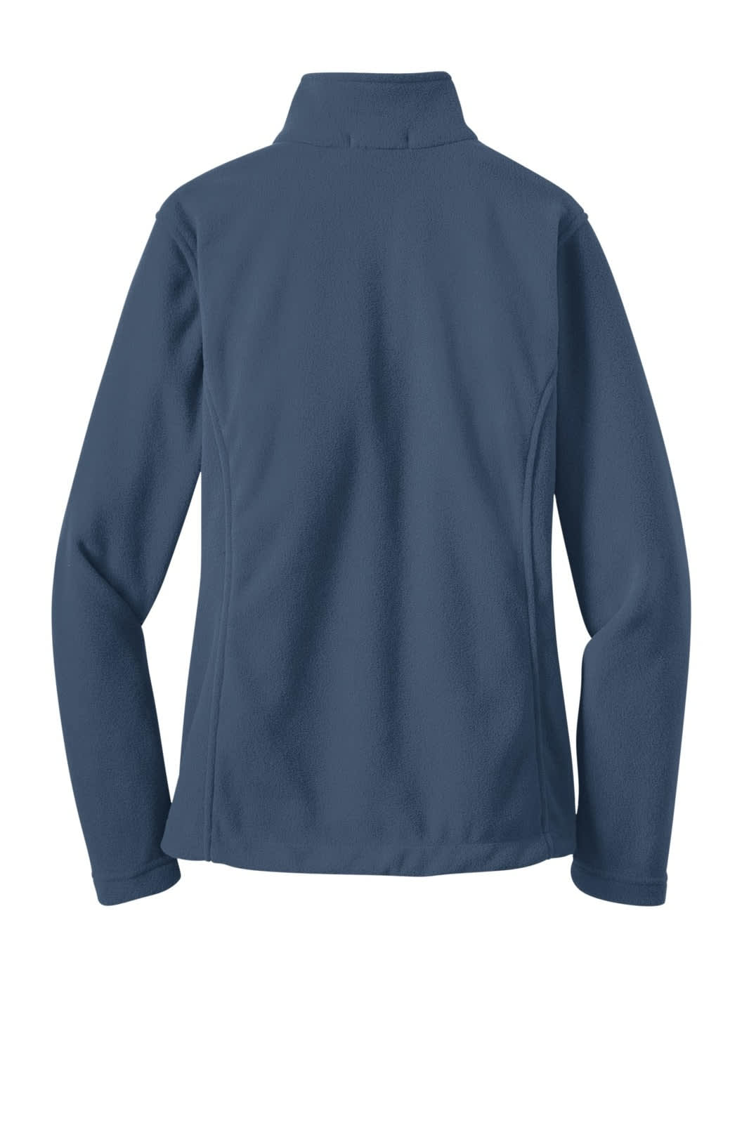 A navy blue fleece jacket with a high collar and long sleeves, featuring a logo on the back.