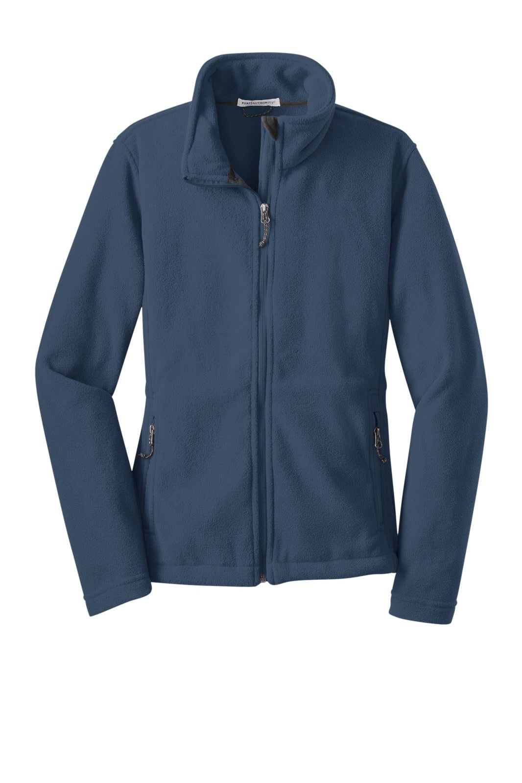 A women's fleece jacket in navy blue featuring a zip closure and side pockets, with a brand logo present.