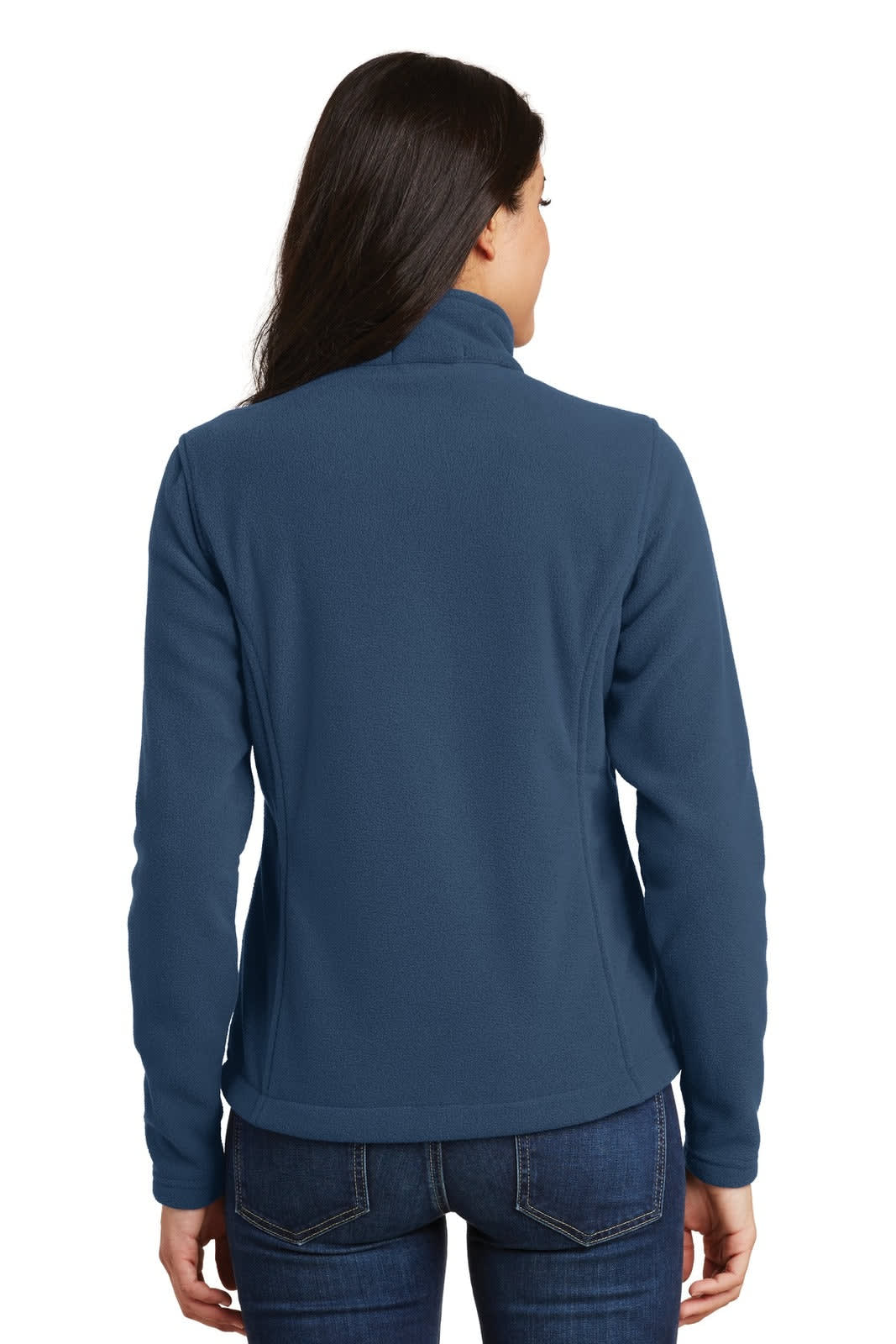 A navy fleece jacket for women with a high collar, featuring long sleeves and a fitted design.