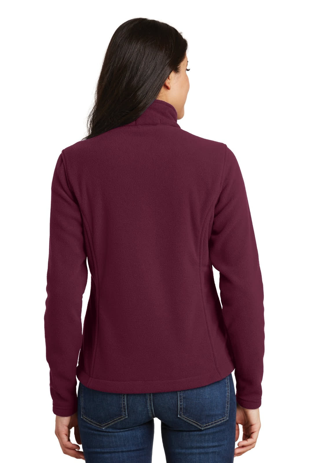 A ladies' fleece jacket in burgundy, featuring a high collar and long sleeves, with a logo on the back.