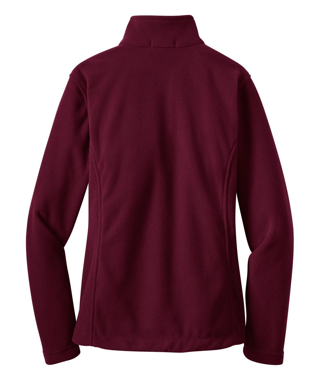 A burgundy fleece jacket with a high collar, featuring a smooth back design and fitted sleeves.