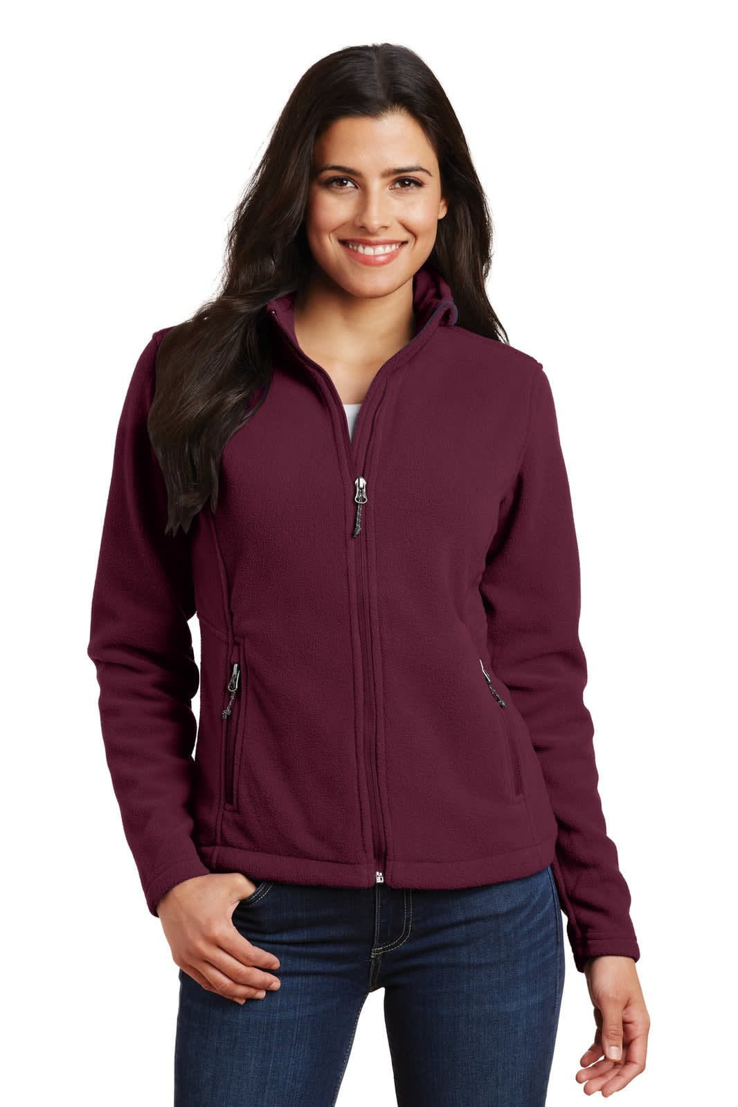 A maroon fleece jacket for women with a zip front and side pockets, featuring a logo on the chest.