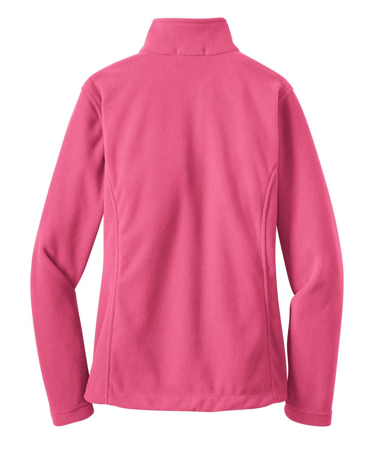 A pink fleece jacket with a high collar and long sleeves, featuring a logo on the back.
