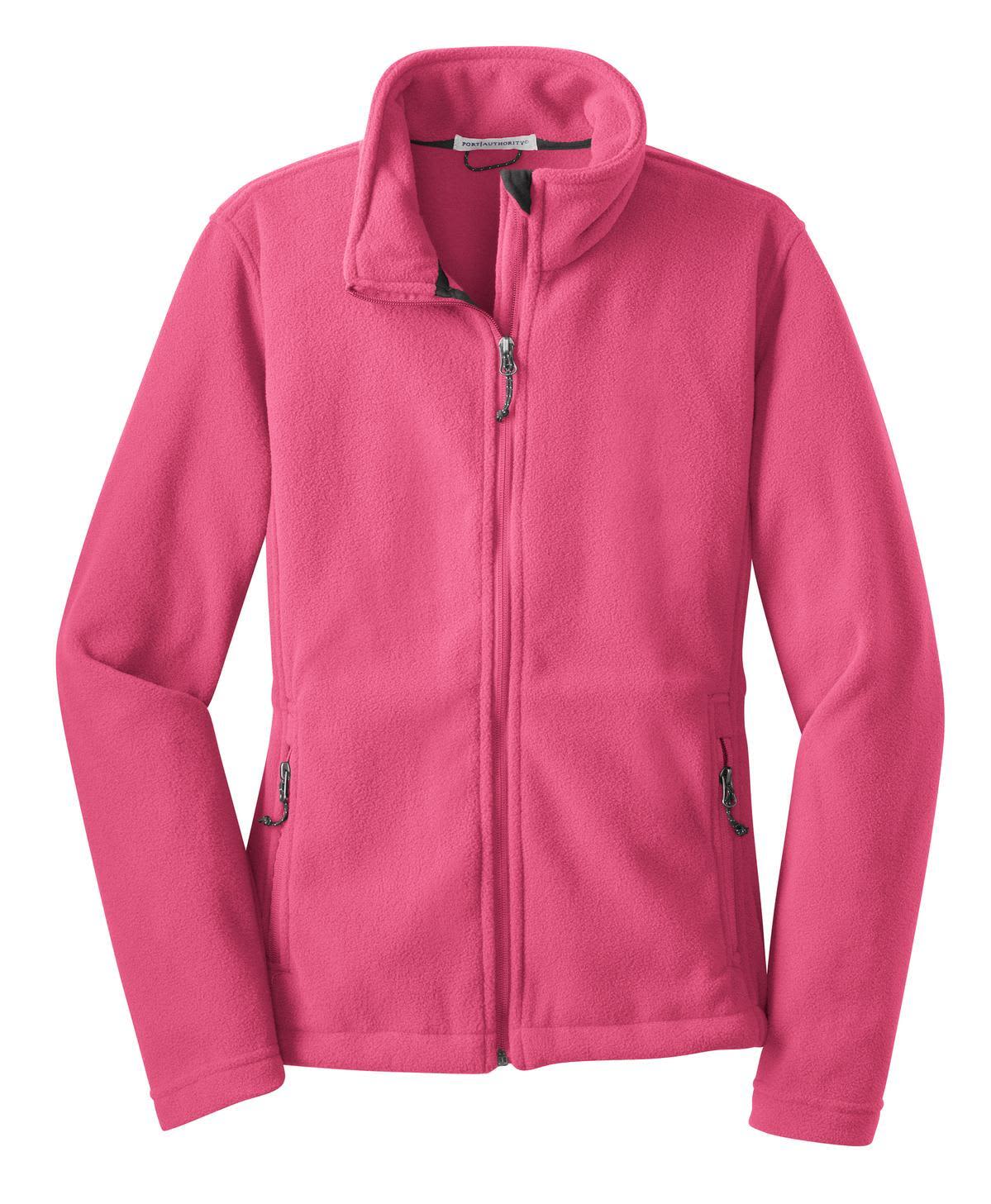 A pink fleece jacket with a zip front and two side pockets, featuring a collar and a logo.