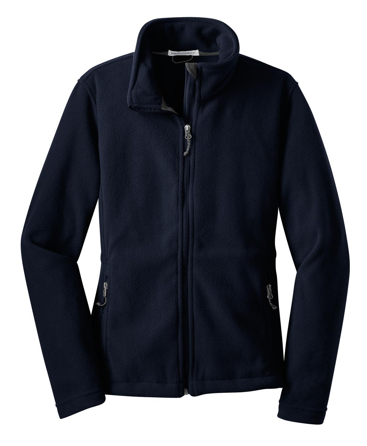 A navy fleece jacket with a zipper and side pockets, featuring a logo on one side.