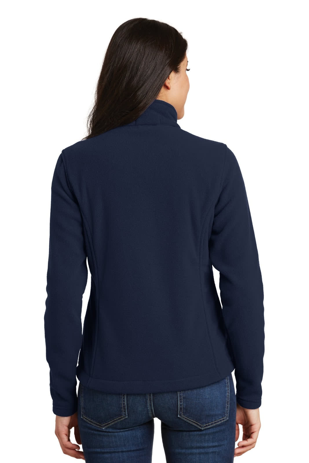 A navy fleece jacket for women, featuring a high collar and a simple design, with a logo on the back.