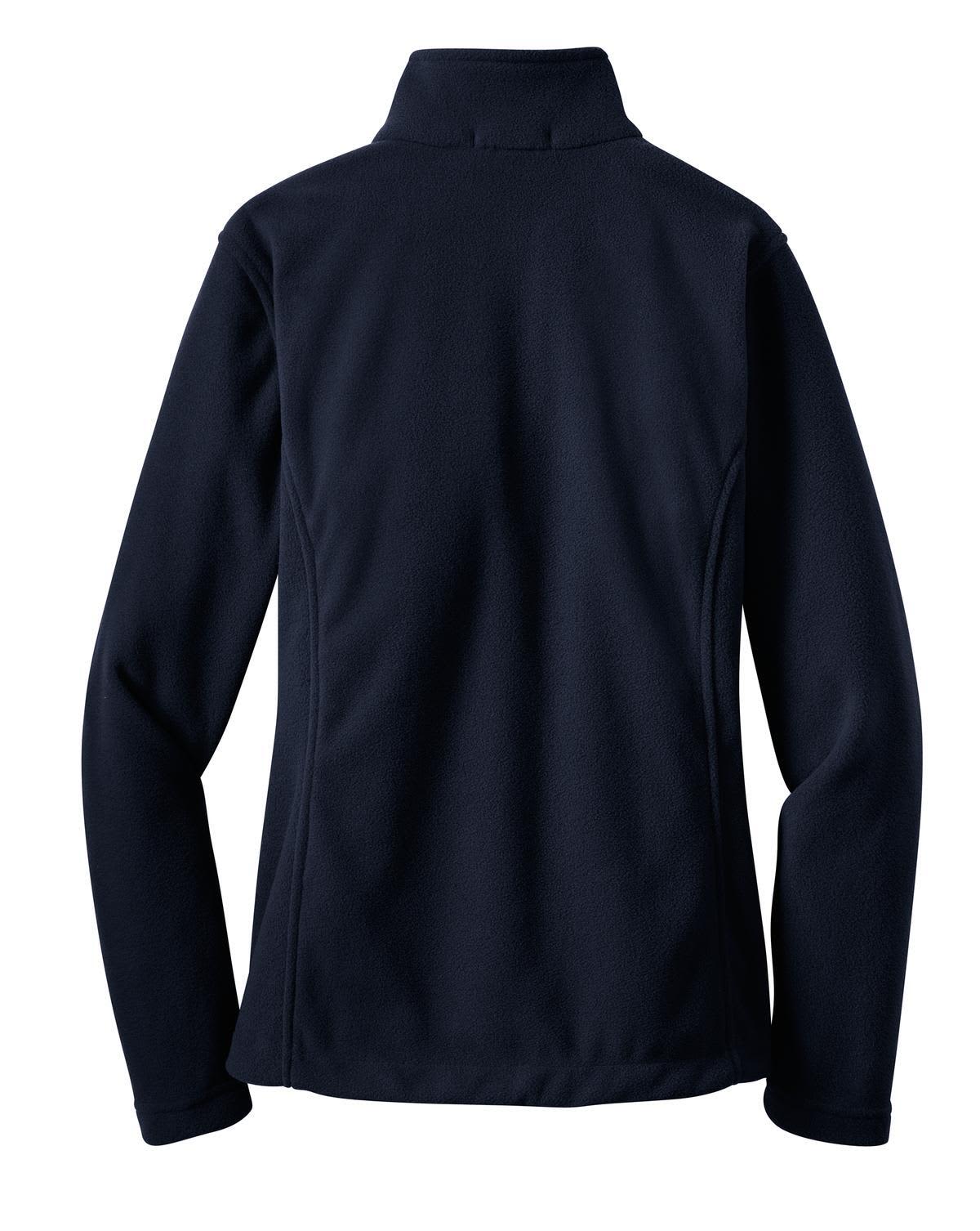 A navy fleece jacket featuring a high collar and long sleeves, with a logo on the back.