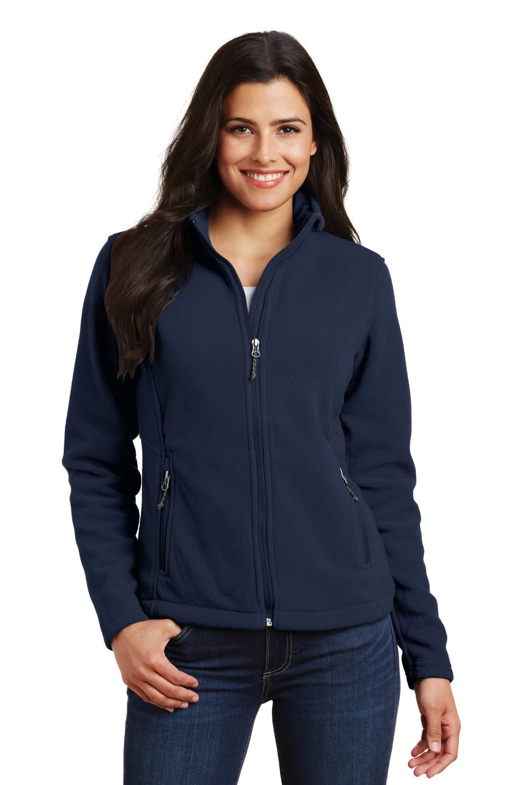 A navy fleece jacket featuring a zip front and side pockets, modelled by a smiling woman. It has a logo on it.