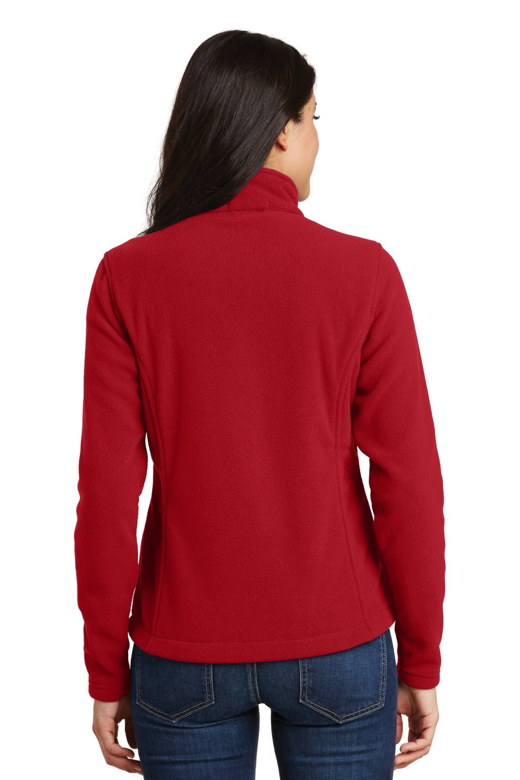 A red fleece jacket for ladies, featuring a high collar and a fitted design, with a logo visible on the back.