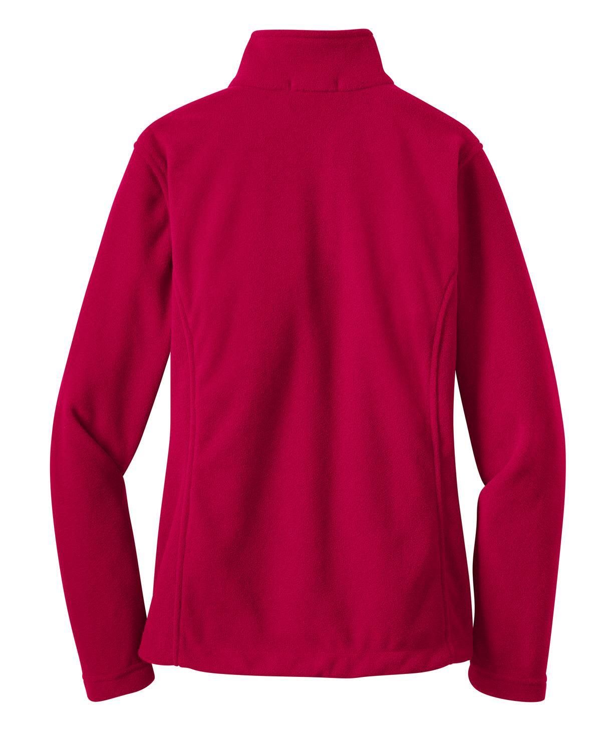 A red fleece jacket with a mock collar and long sleeves, featuring a logo on the back.
