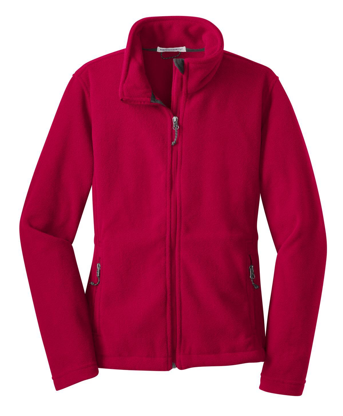 A red fleece jacket with a zip front and two side pockets, featuring a branding logo.