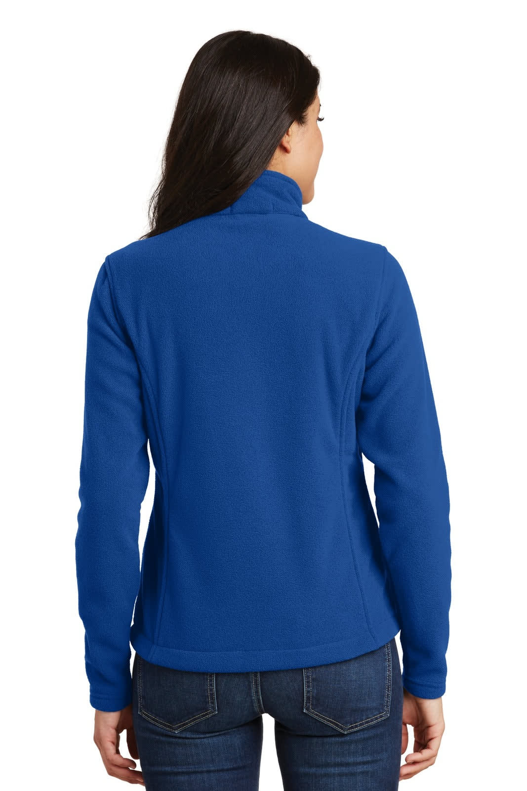 A blue fleece jacket for women, featuring a high collar and long sleeves, with a logo on the back.