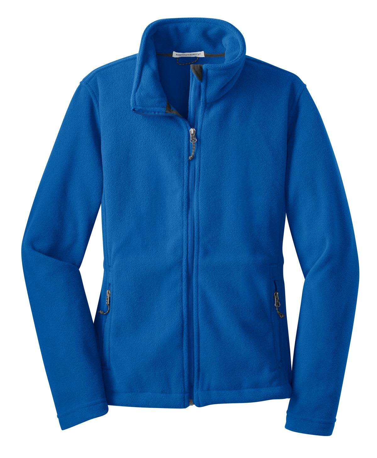 A blue fleece jacket with a full zip, high collar, and two side pockets, featuring a logo.