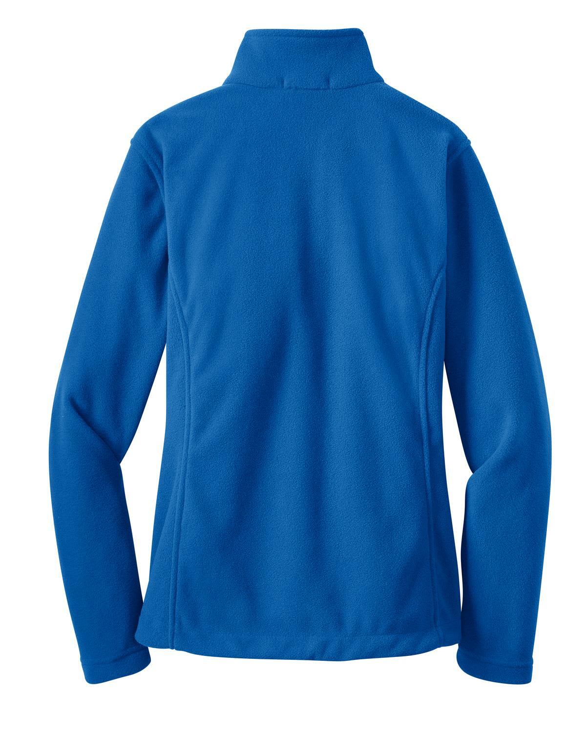 A women's fleece jacket in a vibrant blue colour, featuring a high collar and a logo on the back.
