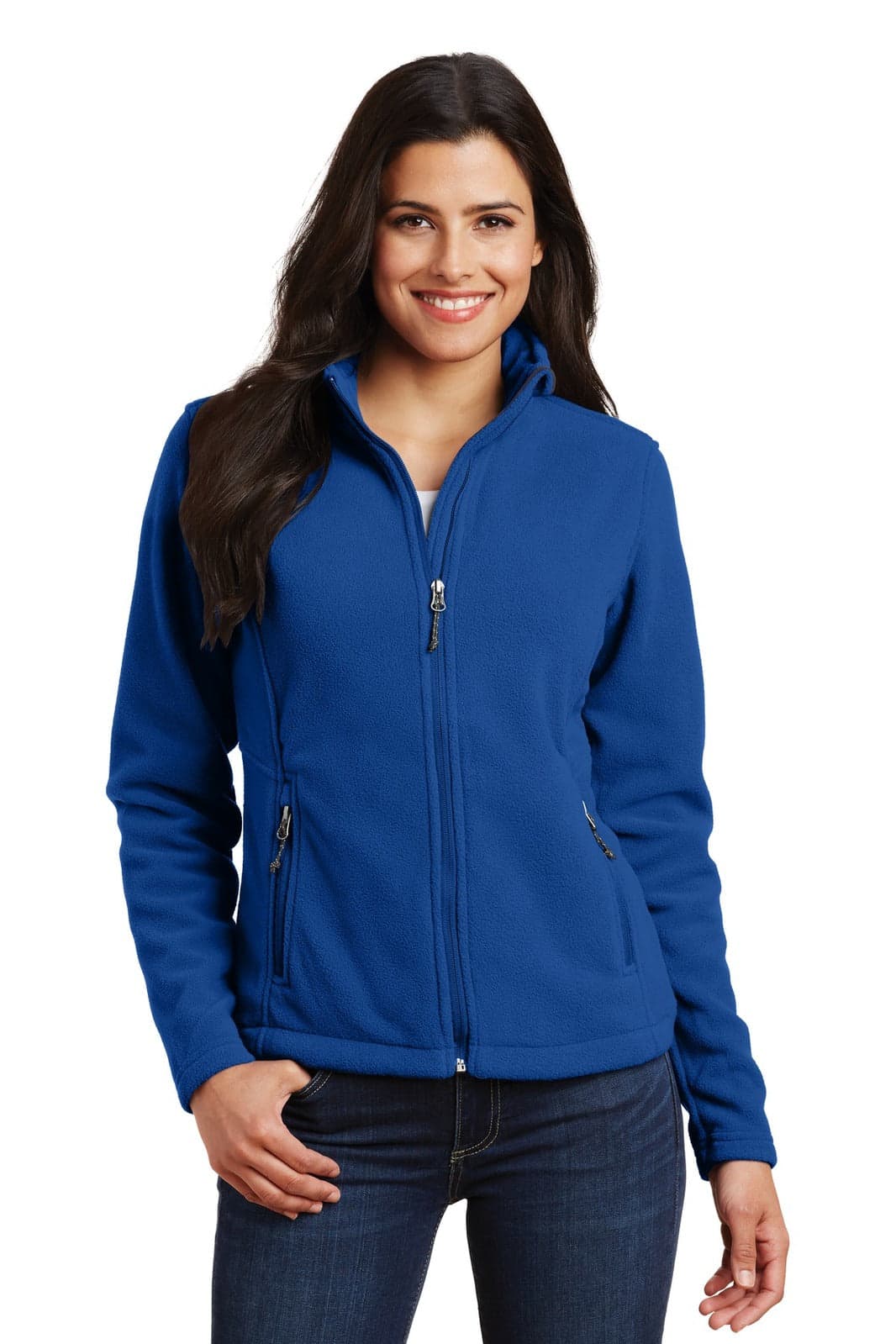 A women's fleece jacket in blue with a zippered front and side pockets, featuring a logo.