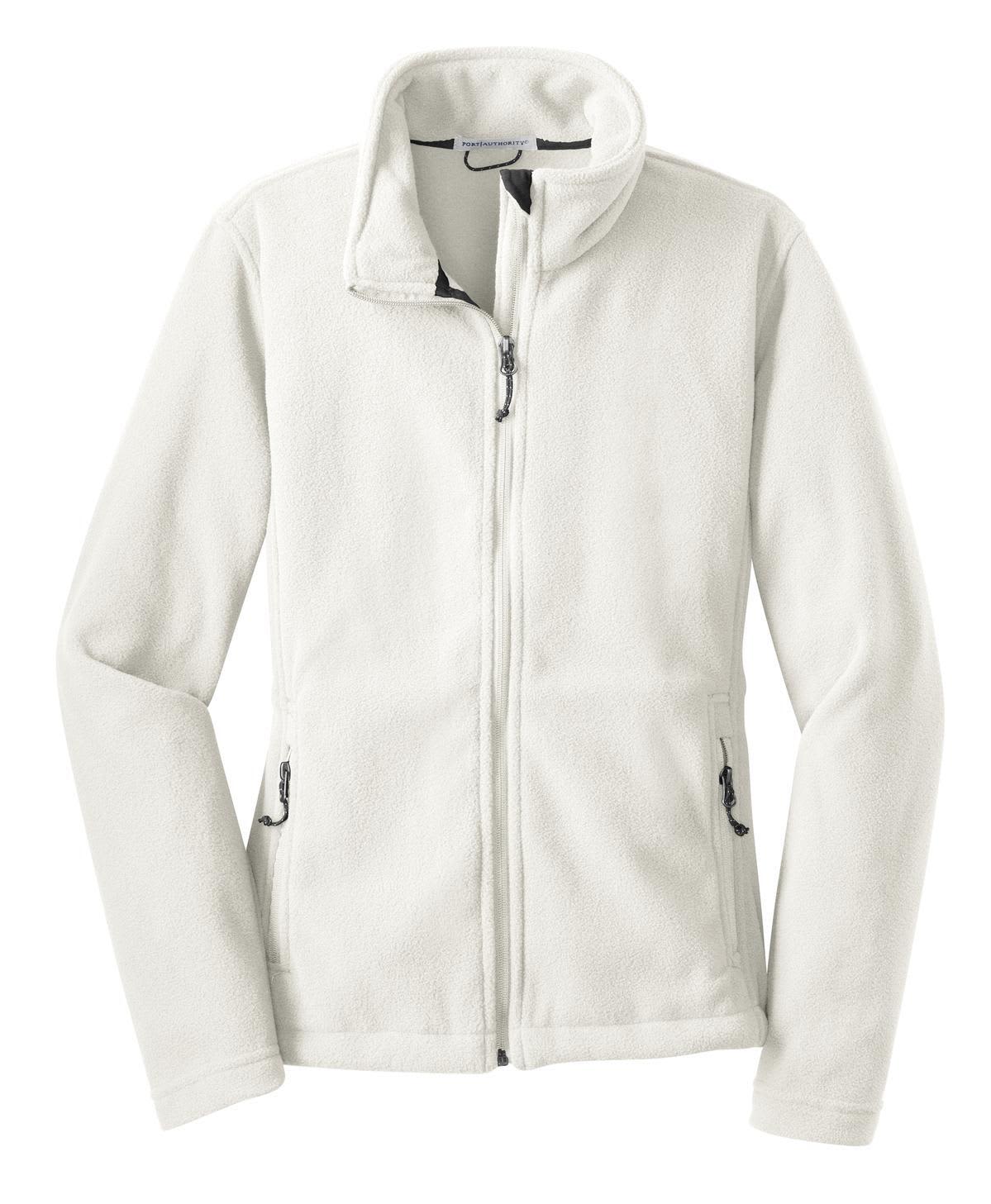 A white fleece jacket with a zip and side pockets, featuring a branding logo. Ideal for layering and warmth.