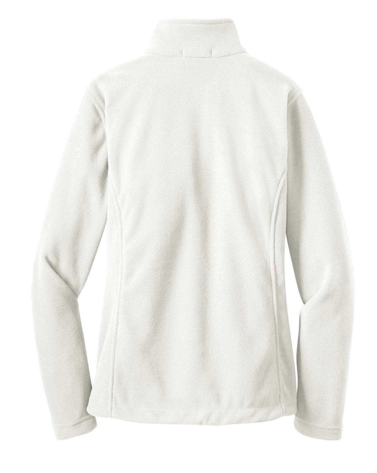 A white fleece jacket with long sleeves and a high collar, featuring a logo on the back.