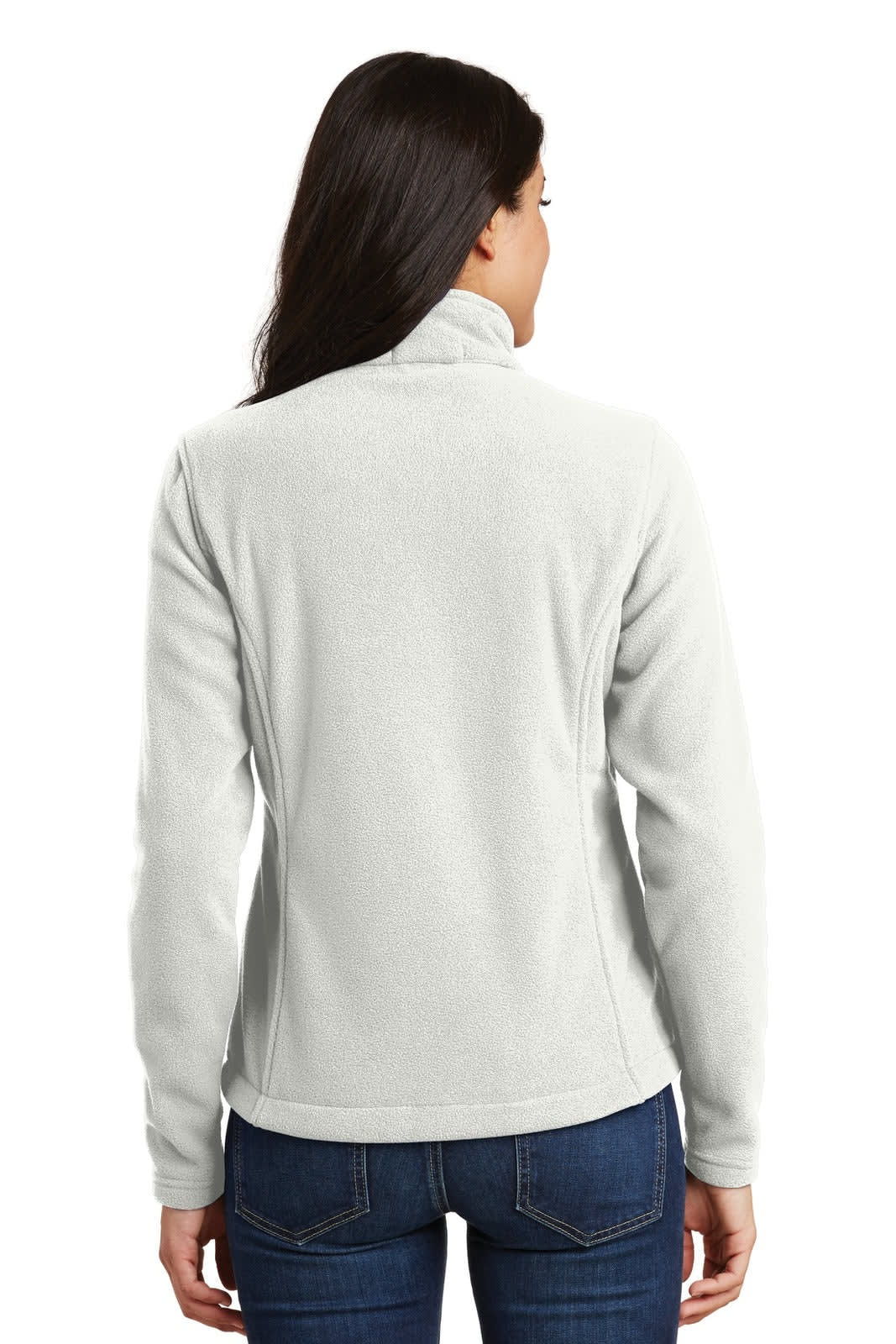 A light grey fleece jacket with a high collar and a fitted design, featuring a logo on the back.