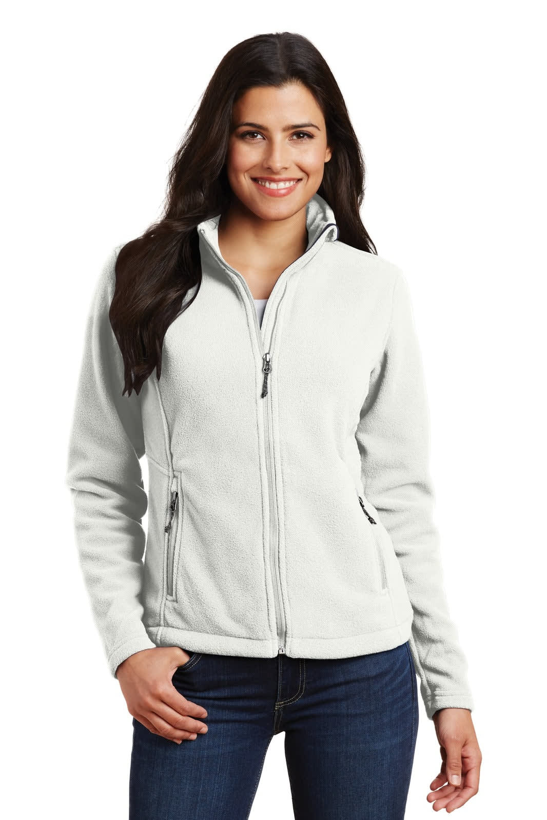 A light grey fleece jacket is displayed, featuring a zip front and a logo on the chest.