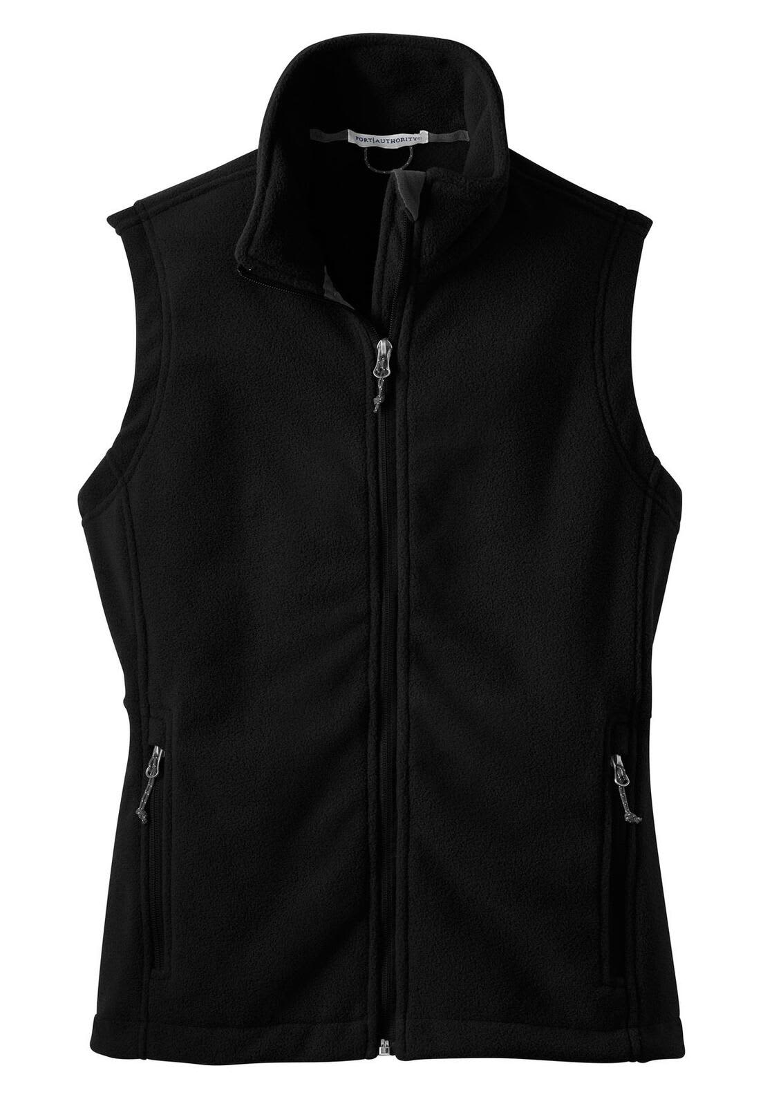 A black fleece vest with zip closures and pockets has a simple design and features a logo.