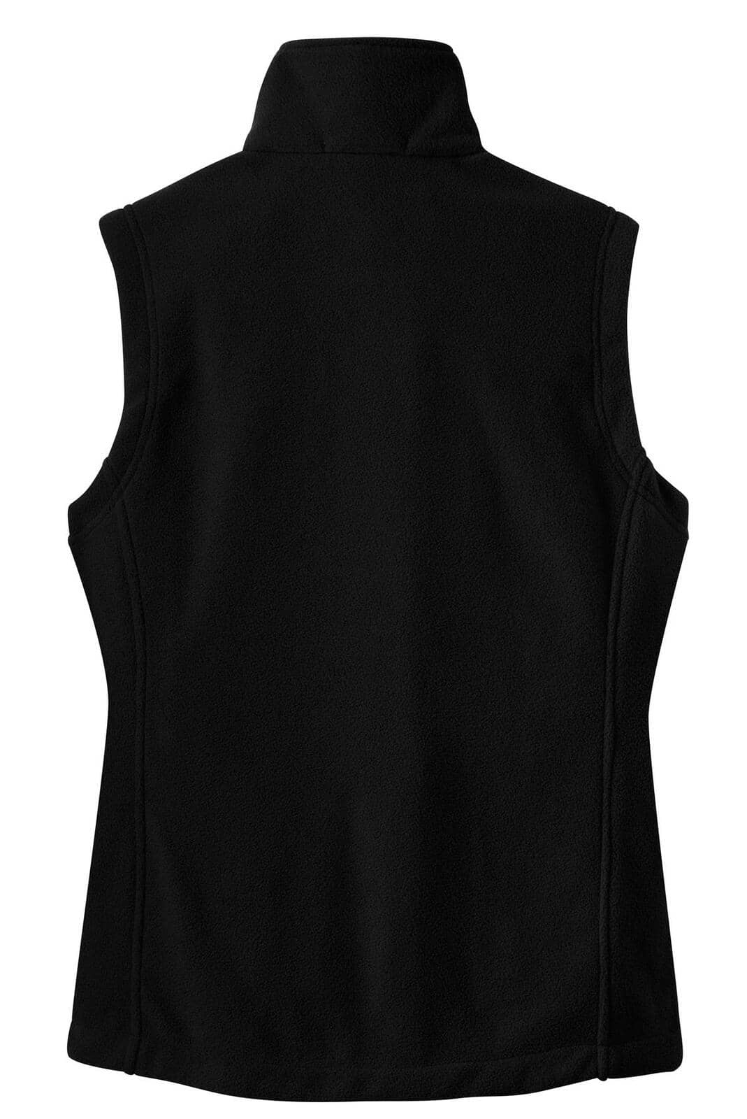 A black fleece vest with a high collar, featuring a logo on the back.