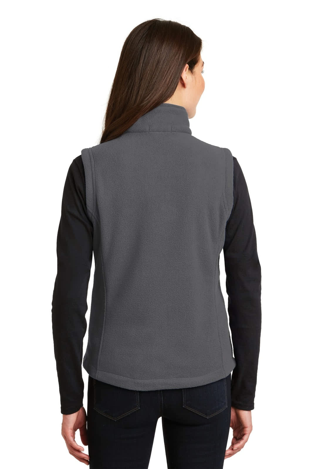 A grey fleece vest with a standing collar, featuring a logo at the back and worn over a black long-sleeve top.
