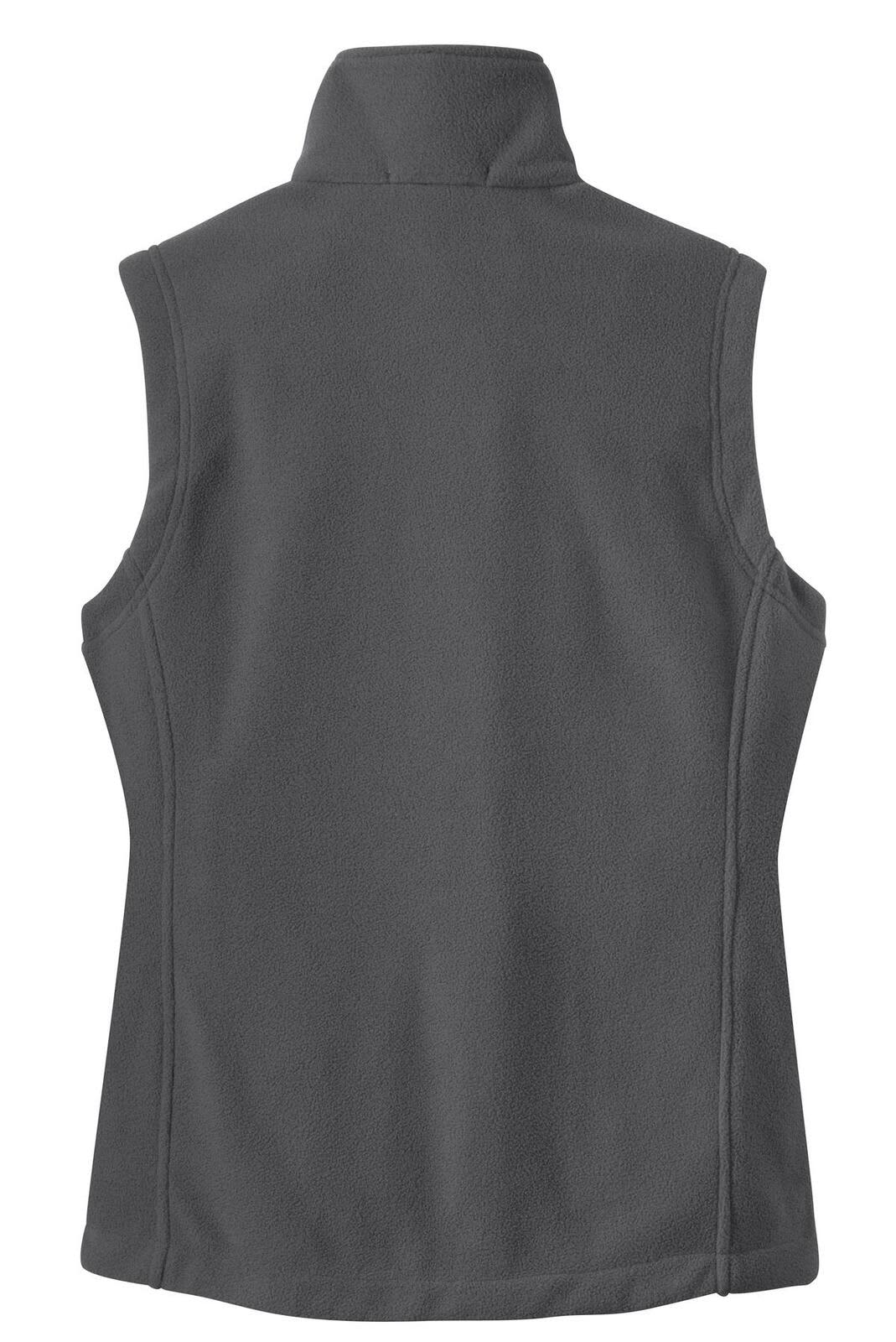 A grey fleece vest with a high collar and no sleeves, featuring a logo on the back.