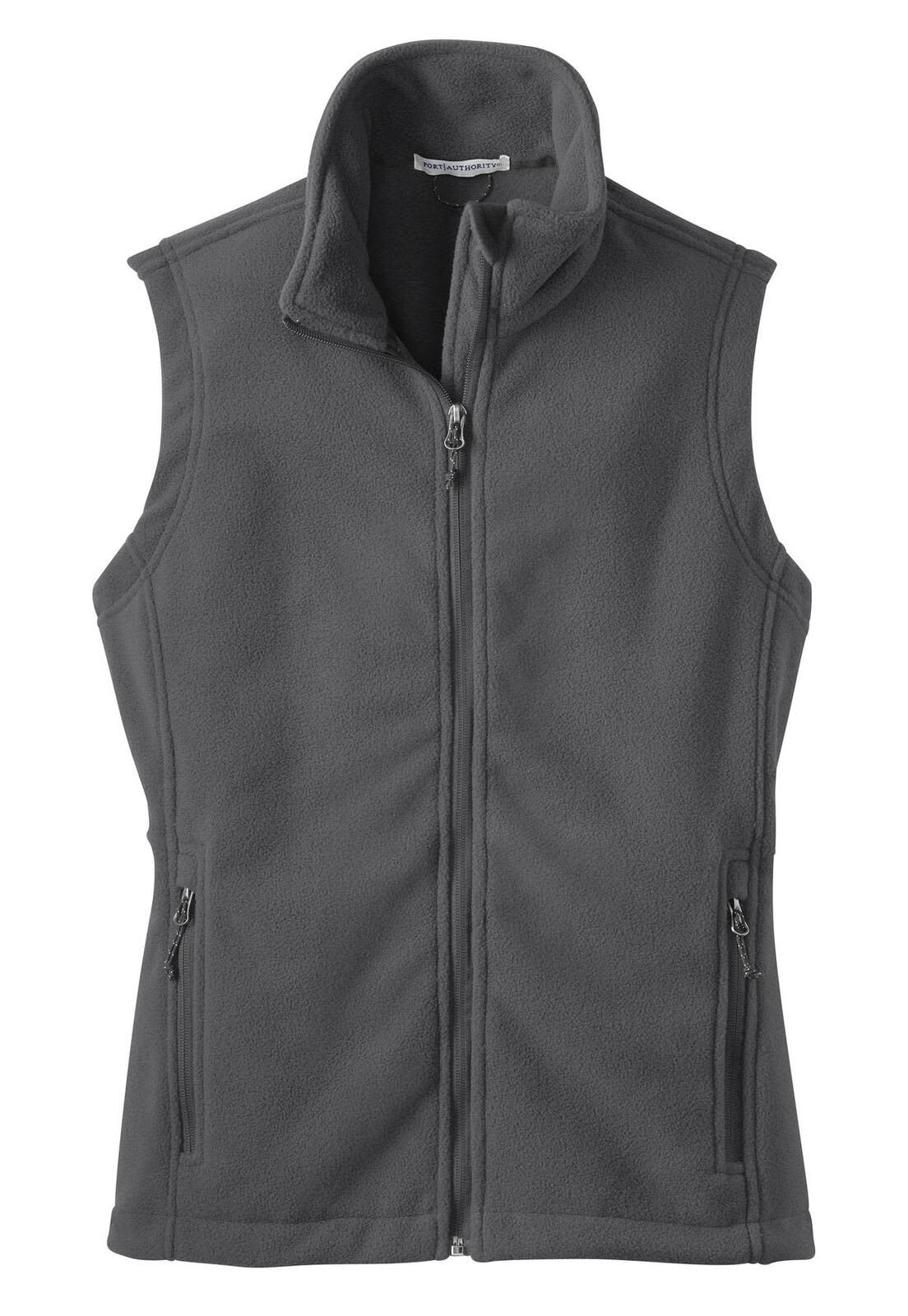 A grey fleece vest with a high collar and two zippered pockets, featuring a logo.