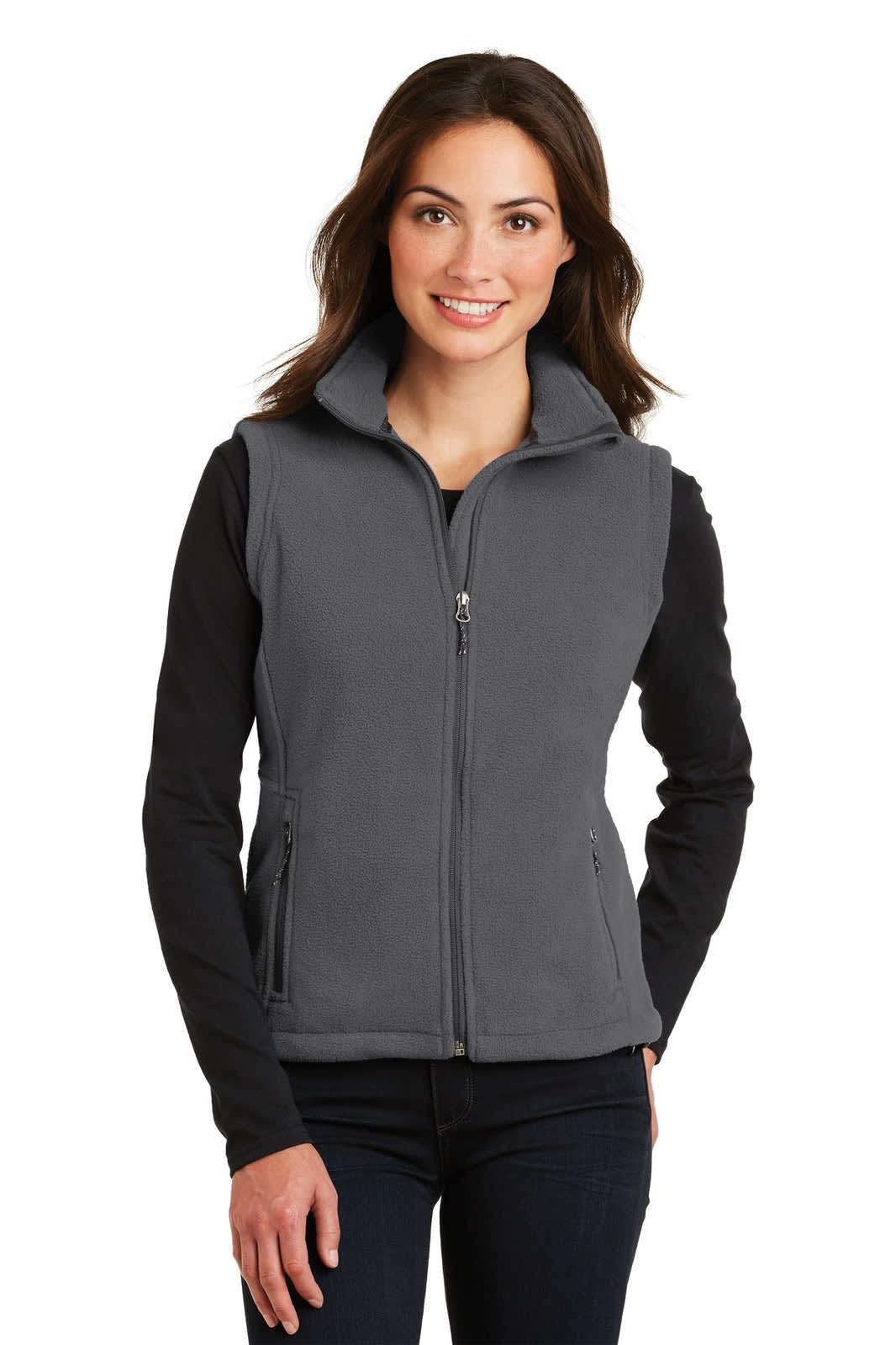 A grey fleece vest with a zip front, featuring side pockets and a high collar, worn over a black long-sleeve top.