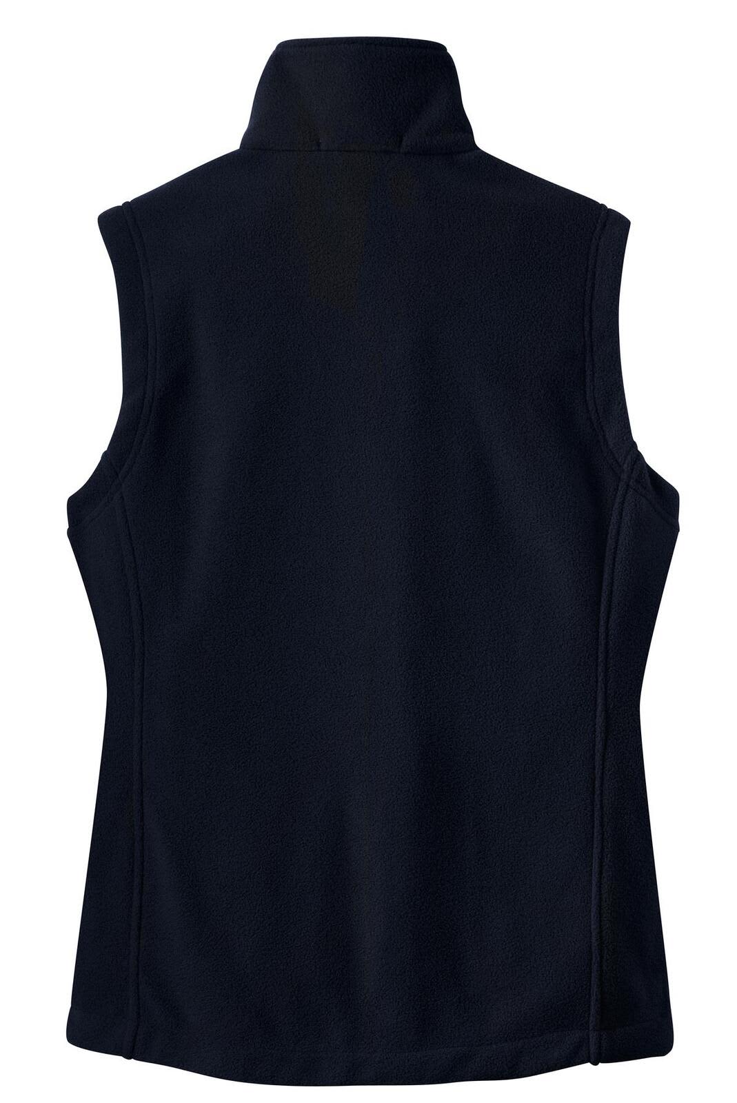A dark navy fleece vest with a high collar, featuring a logo on the back.
