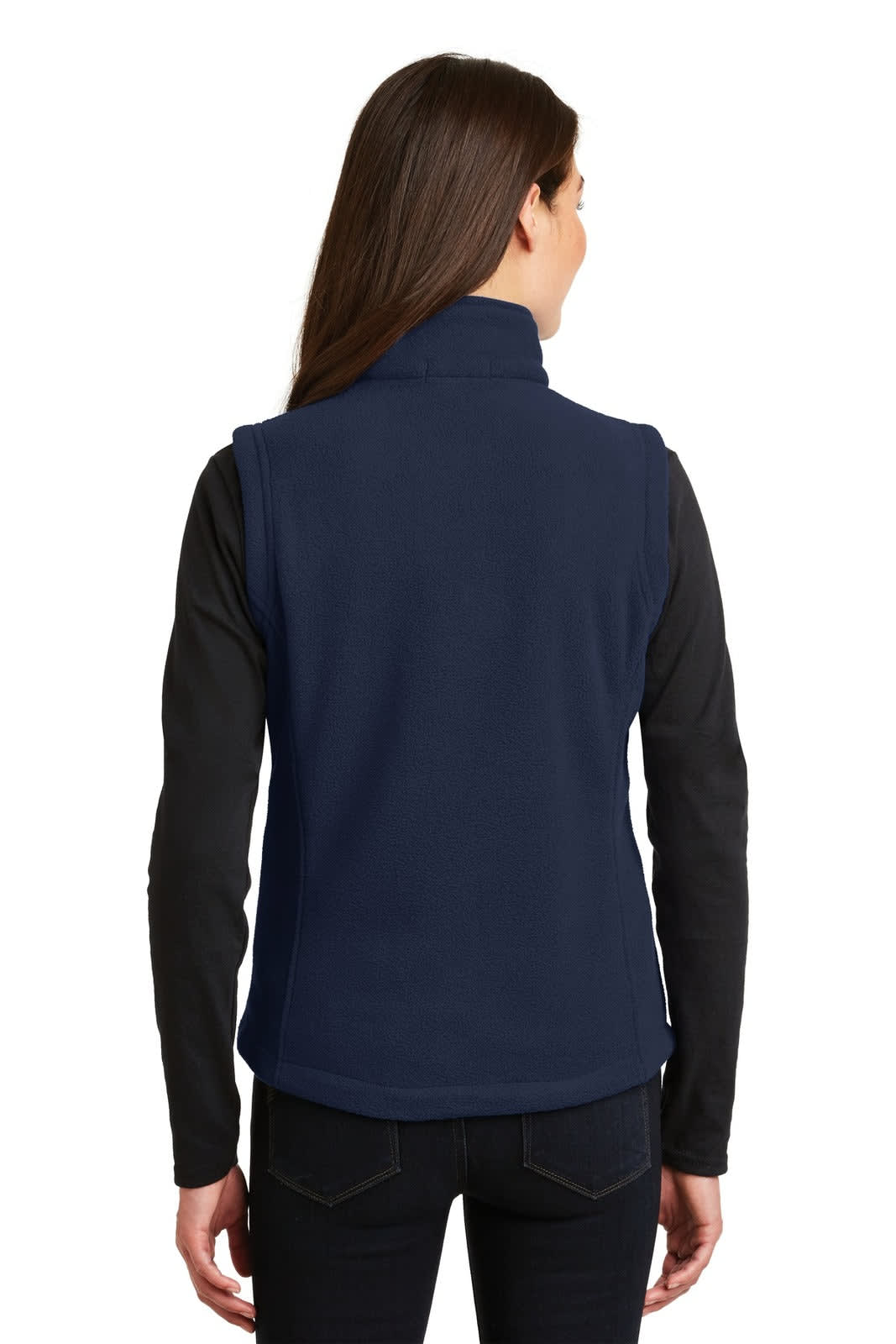 A navy fleece vest is displayed, featuring a high collar and a simple design. The image shows the back view, without any visible logos.