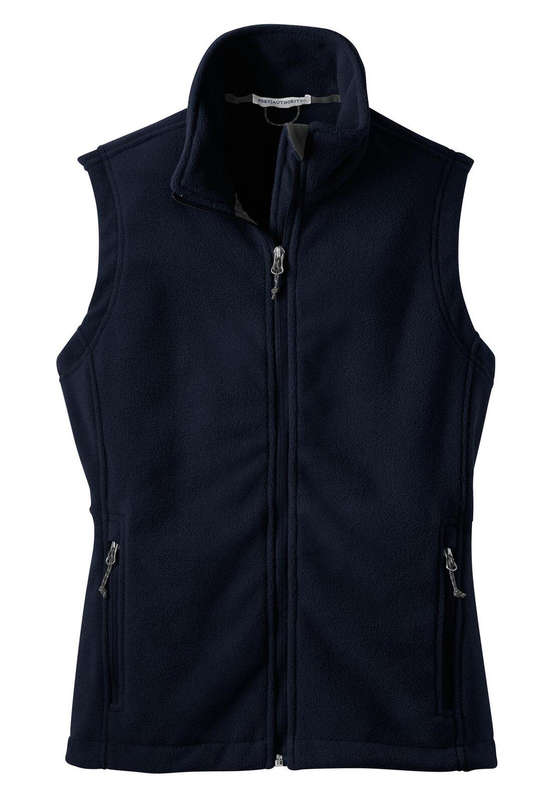 A navy fleece vest with a zip front, side pockets, and a high collar. Features branding.