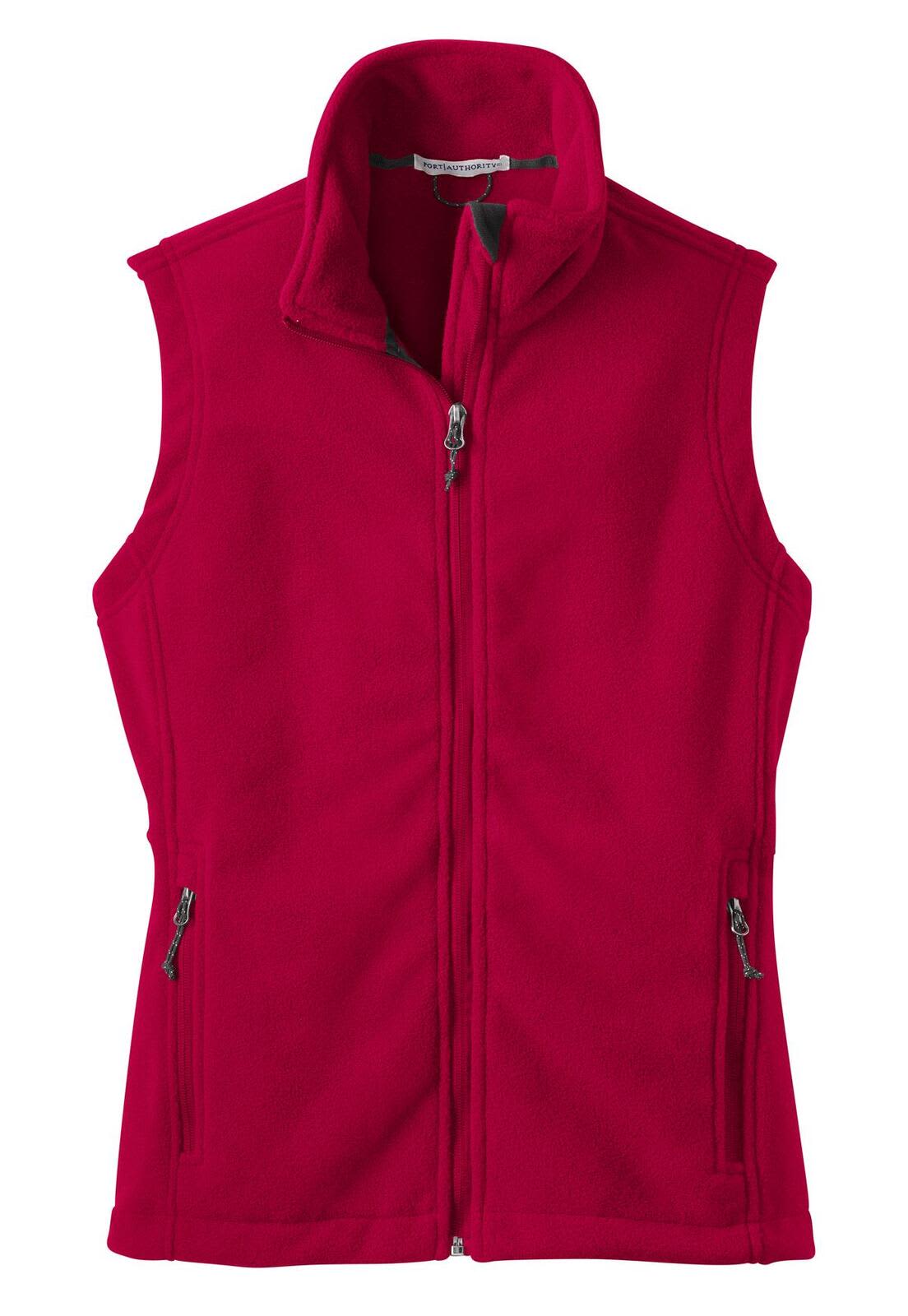 A red fleece vest with a high collar and zip front, featuring side pockets and a logo.
