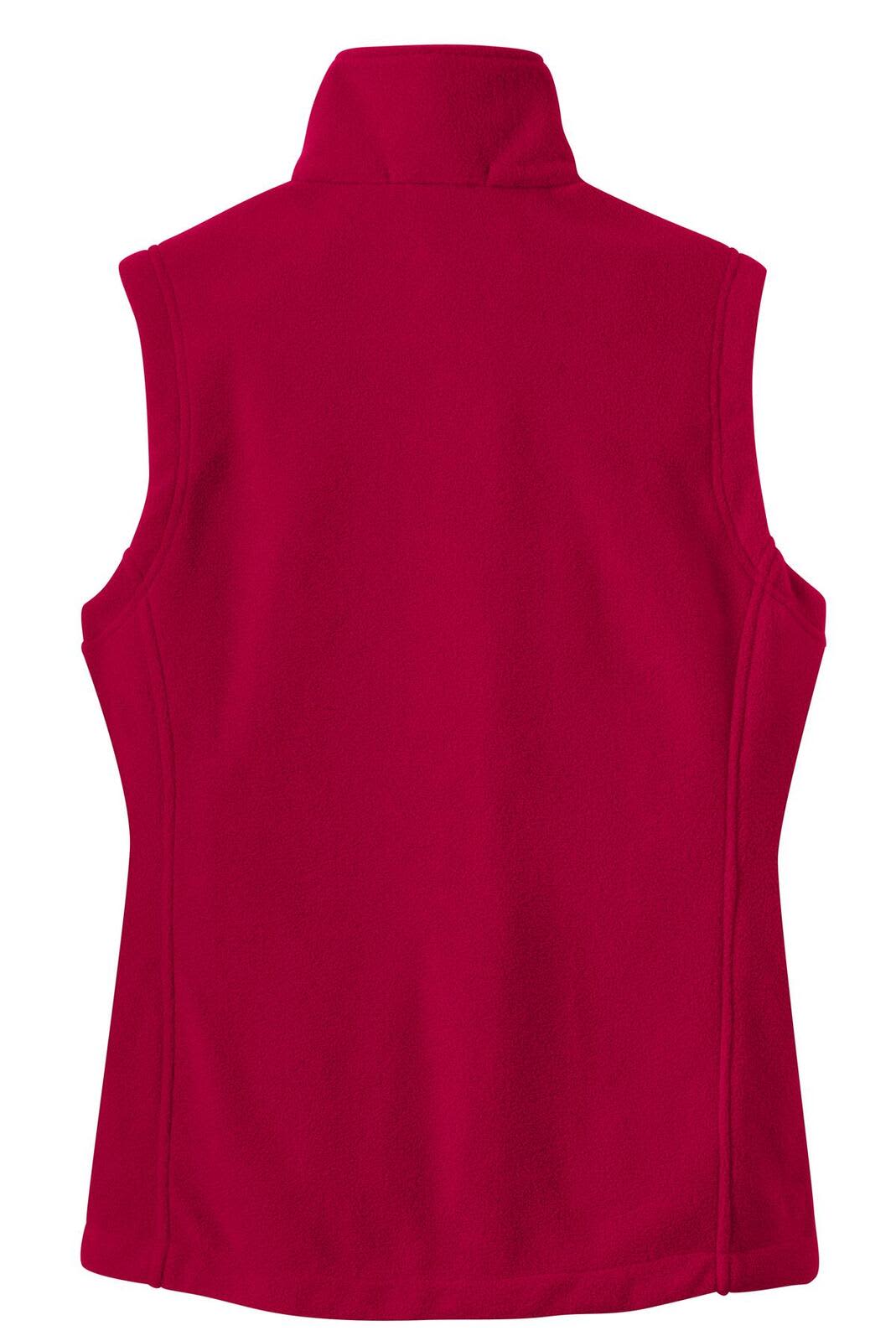 A red fleece vest with a high collar, featuring a logo on the back. The design is fitted and sleeveless.