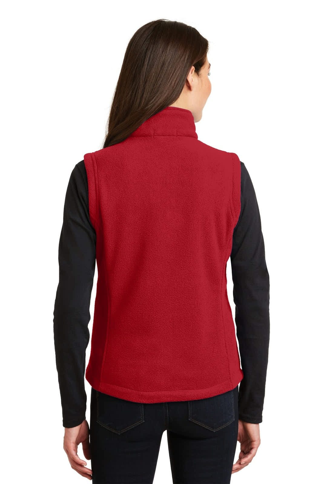 A red fleece vest with a high collar, featuring a sleek design. Suitable for layering over other clothing.