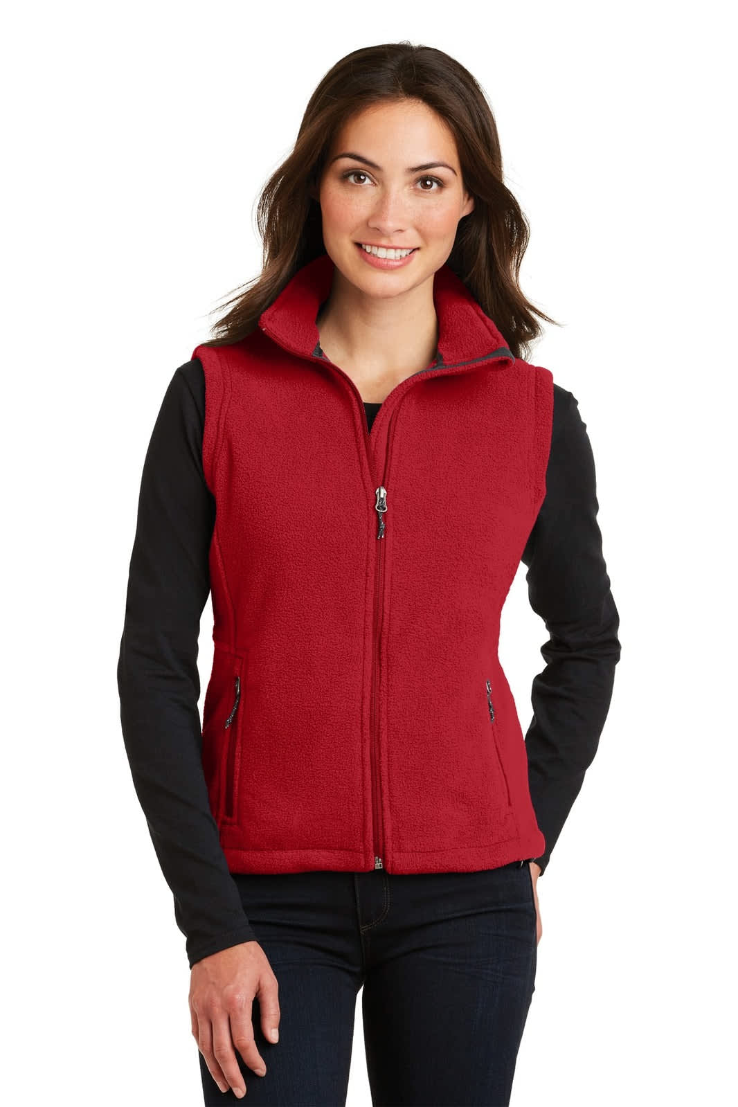 A red fleece vest with a zip front and two side pockets, modelled by a woman wearing a black long-sleeve top.